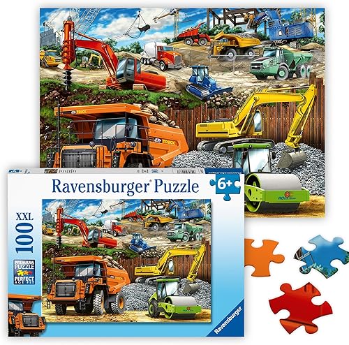 Ravensburger - Vehículos de construcción - Rompecabezas de 100 piezas - Escena realista emocionante y colorida - Camión volquete, cargador y más -