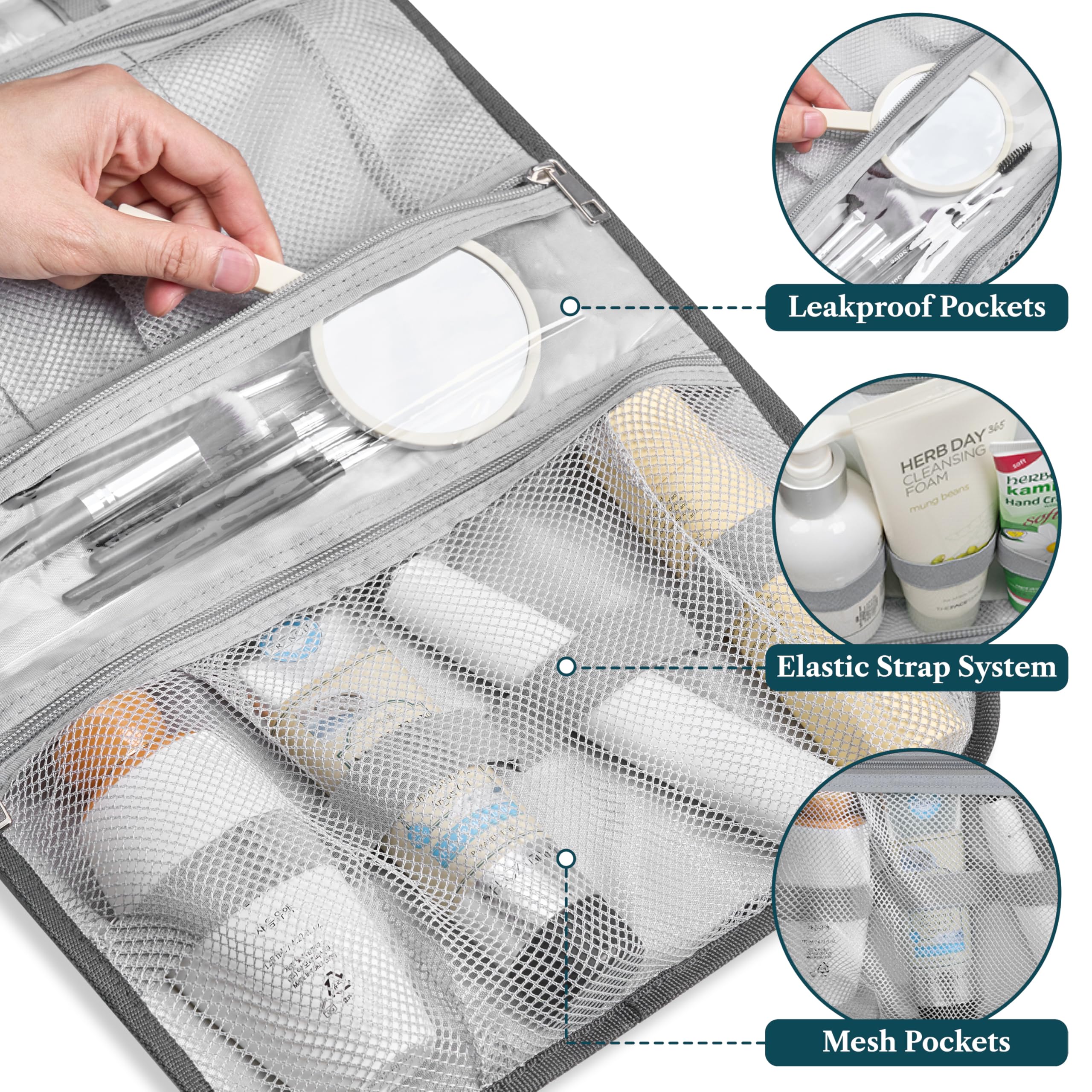 PAVILIA Borsa da toilette da appendere per donne uomini, borsa da toeletta pieghevole da viaggio, borsa da toilette per cosmetici, organizer per trucco resistente all'acqua (floreale grigio)