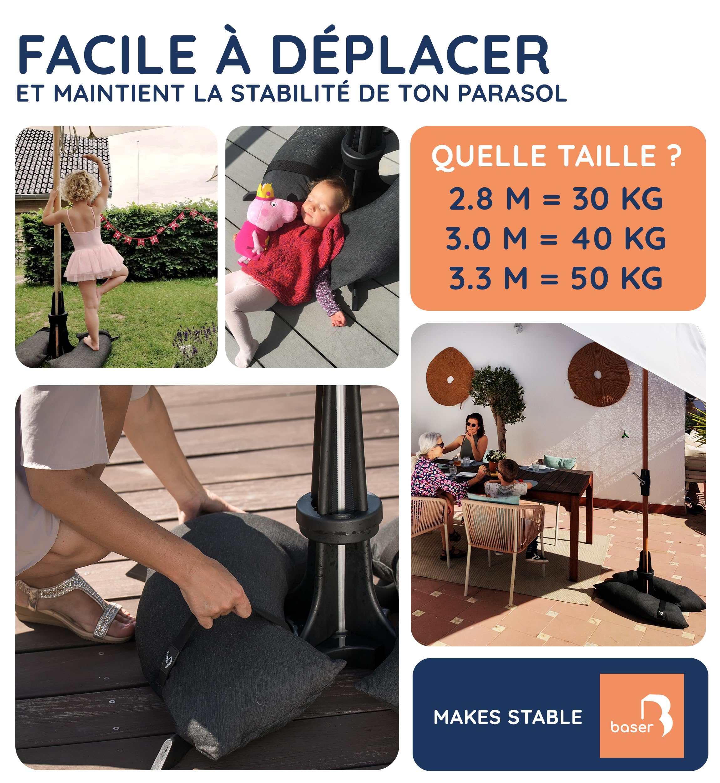 Baser Pied de Parasol avec Sacs de Sable, Base pour Parasol de Jardin Exterieur jusqu'à 3m, Support Lestés 40kg pour Mât 25-48mm, Noir | Support Parasol De Jardin, Base A Remplir De Sable, Fabrique Au Danemark En Materiaux Recycles, Jusqu'a 3 m, Noir, 40