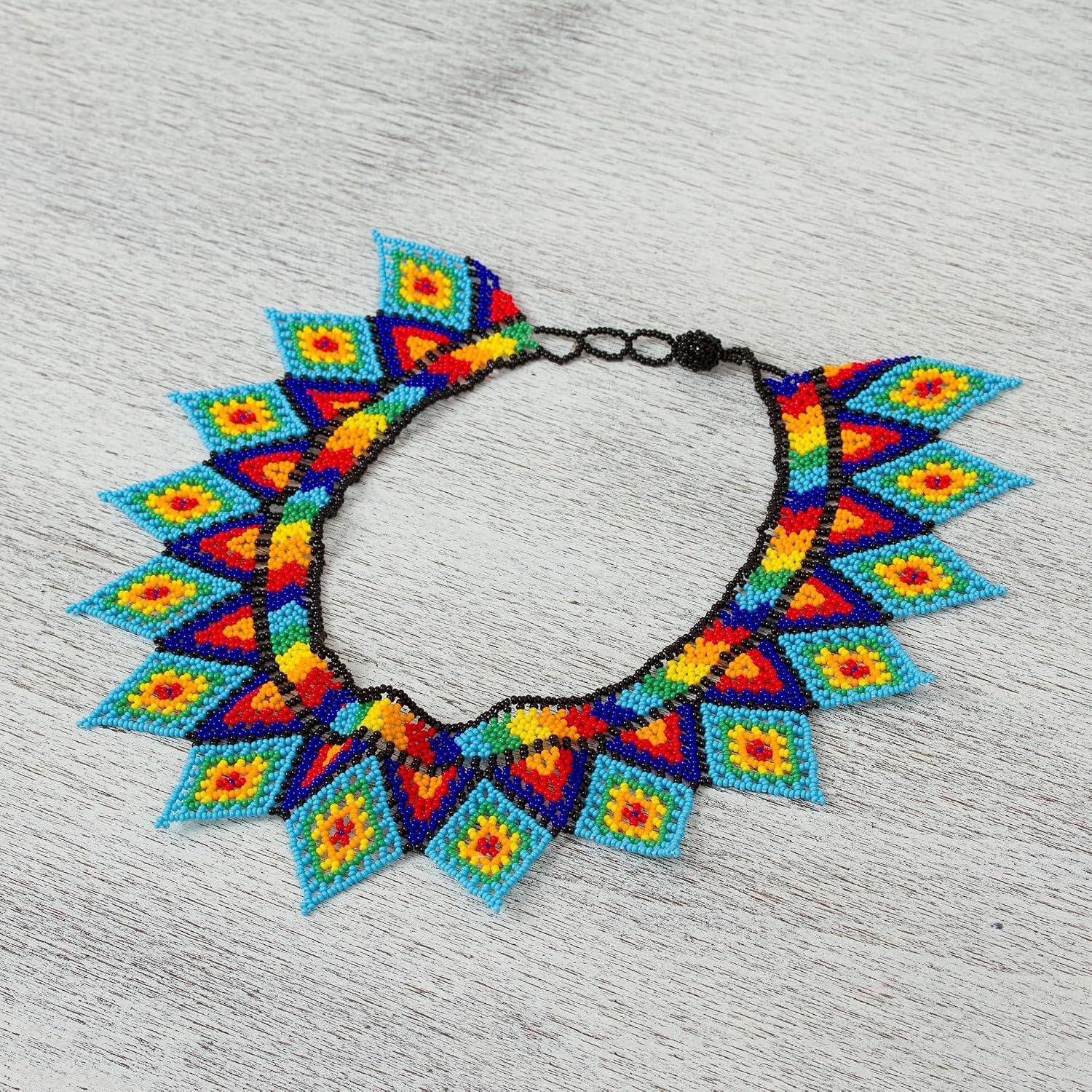 NOVICA Artisan Handmade Glass Beaded Statement Necklace Multicolored Primary Jewel Colors Mexico Geometric Cultural Bohemian [necklace Length 19 in L Pendant(s) 16.25 in L x 2.8 in W Extender 2.2 in ]