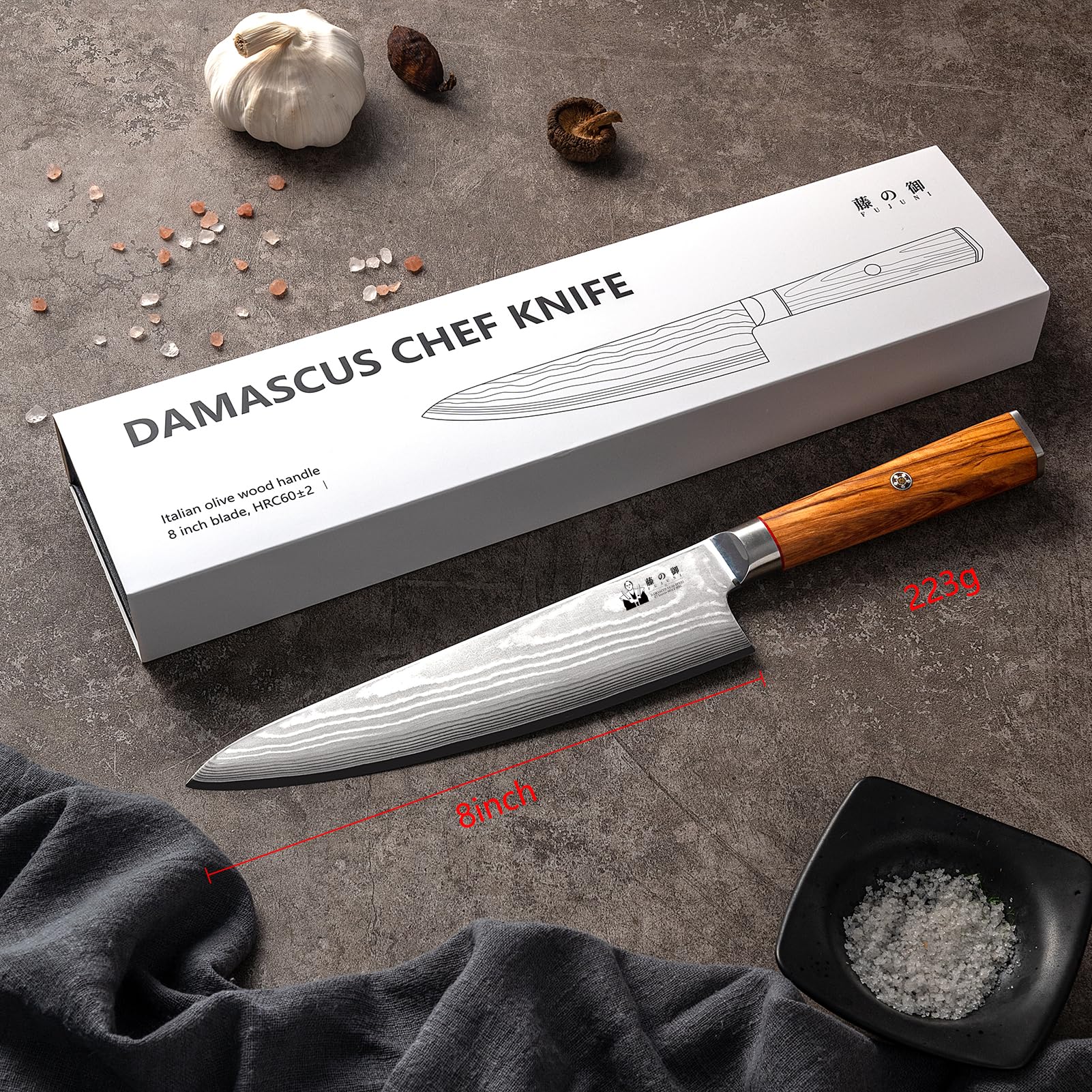 Damascus Chef Knife, 8 inch VG10 Steel Damascus Knife with Olive Wood Handle Razor Sharp Kitchen Knife — Amazon image 6