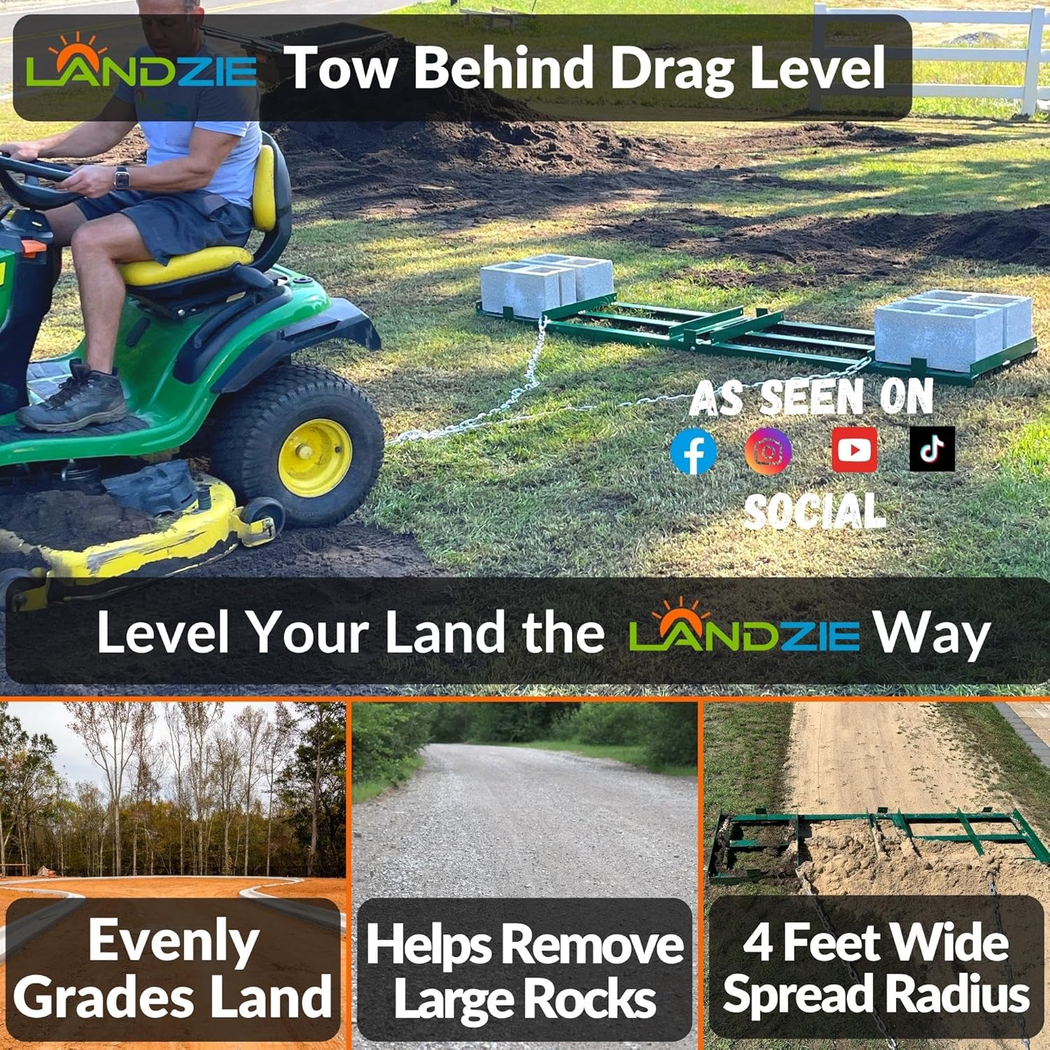 LANDZIE - The Original 4FT Drag Harrow Driveway Grader, 46 LB Heavy Duty Tow Behind Lawn and Landscape Rake, Gravel Driveway Drag, Power Rake , Lawn Leveler