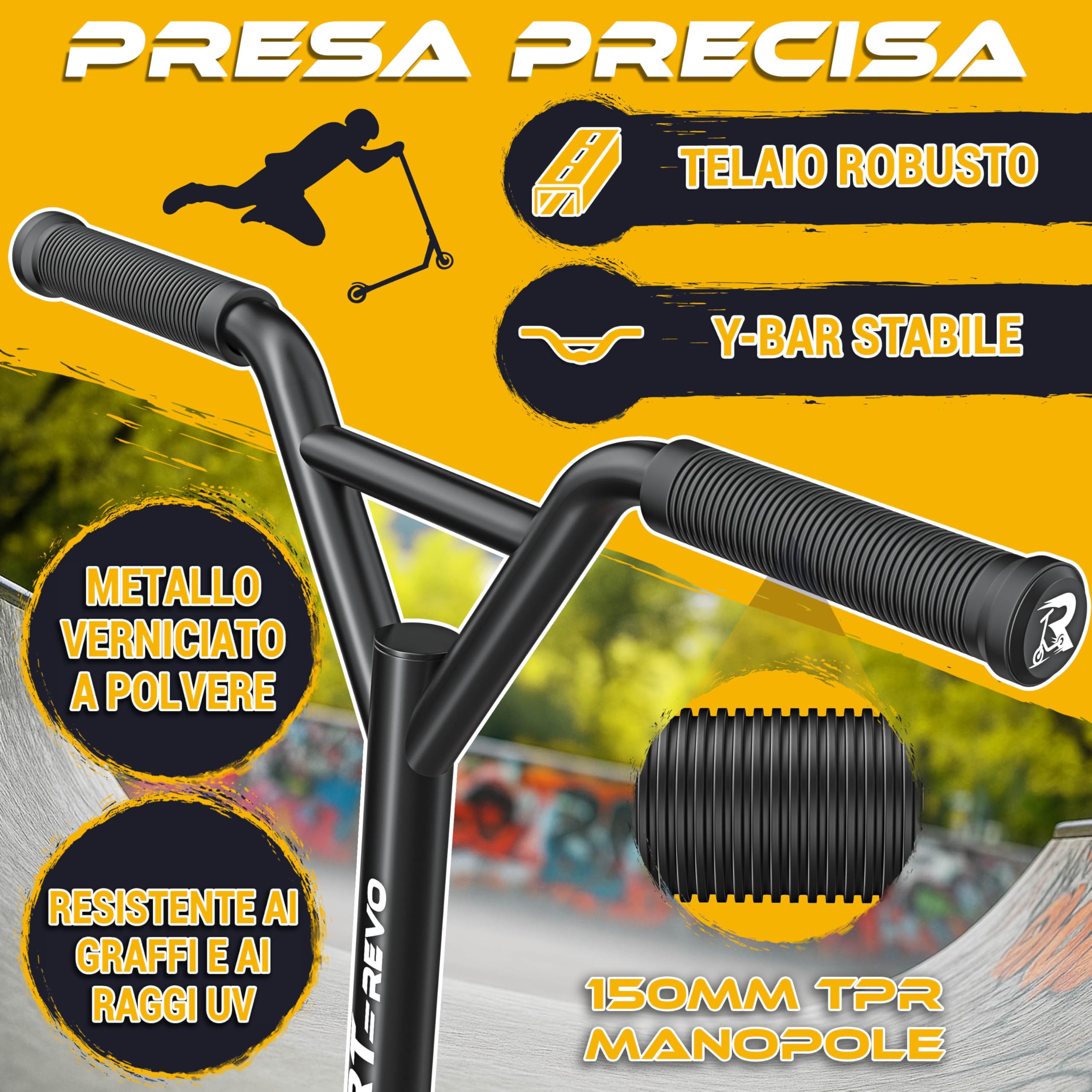 RE:SPORT Stunt Scooter REVO per bambini e adulti con supporto, 100 mm, ruote in poliuretano e Y-Bar, per acrobazia, scooter ABEC 9, cuscinetti a sfera