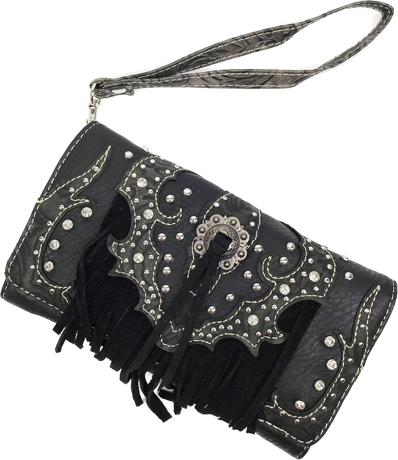 Zelris Western Concho Fringe Lace Trifold Wallet - Crossbody & Wristlet, Two-Toned Black