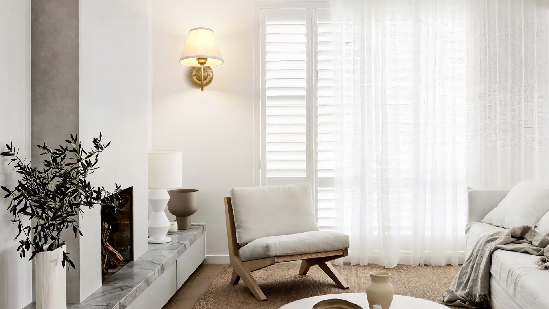 Image of Vintage Curved Arm Fabric Wall Sconce with Linen Cloth Shade, Hardwired Indoor Single Sconce Light Wall Mounted Lamp for Bedroom Living Room Stairs Hallway