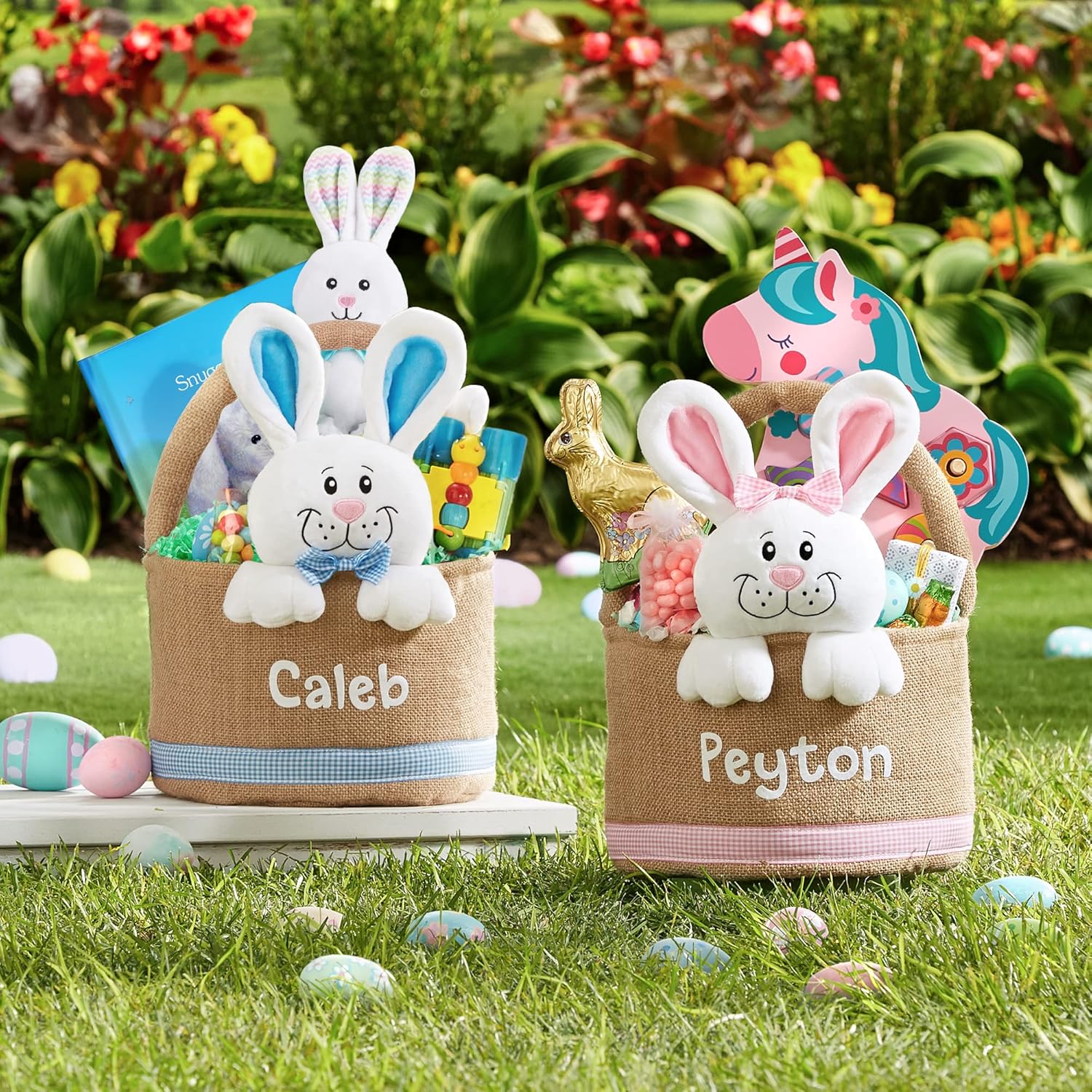 Let's Make Memories Personalized Easter Basket for Kids - Custom - For Boys and Girls - Fillable - With Optional Easter Basket Stuffers - 3-D Stuffed Bunny in Burlap - Blue