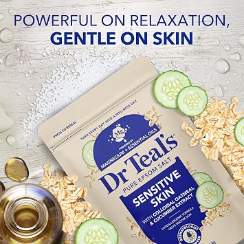 Dr Teal's Epsom Salt Magnesium Soak, Sensitive Skin with Colloidal Oatmeal & Cucumber Extract, 3 lbs