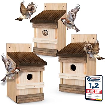 3 Stück Oramics Nistkasten zum Aufhängen für Garten, Balkon und Terrasse - Kiefernholz Vogelhaus für Wildvögel und Gartenvögel – Nisthaus wetterfest und langlebig für draußen, ideal für kleine Vögel
