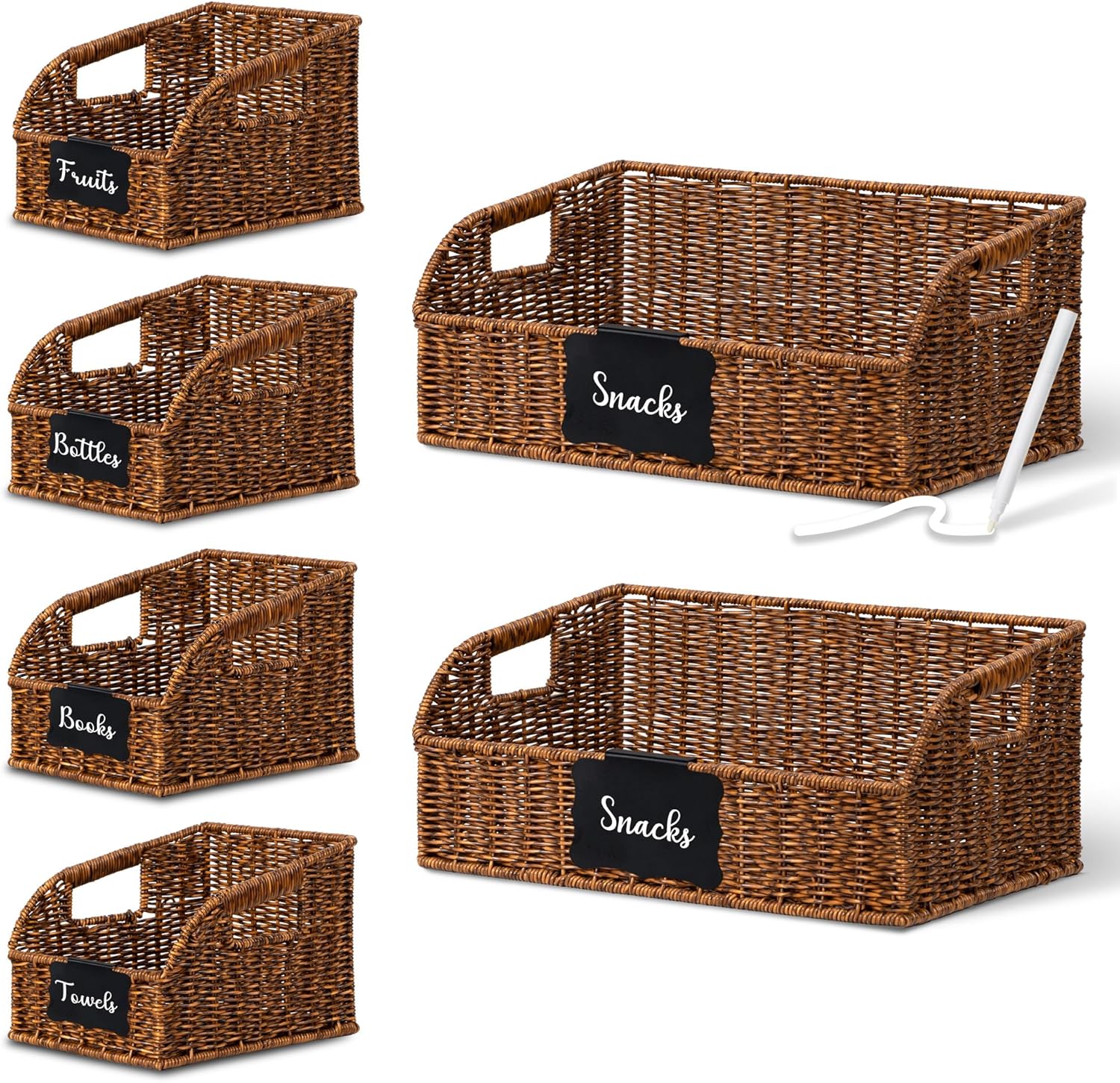 Brownlily Wicker Pantry Storage Baskets with Chalkboard,Handwoven Baskets for Organizing with Built-in Handles, All-Purpose Storage Bins for Shelves, Laundry Room, Brown - Double Set Bundle (6-Piece)