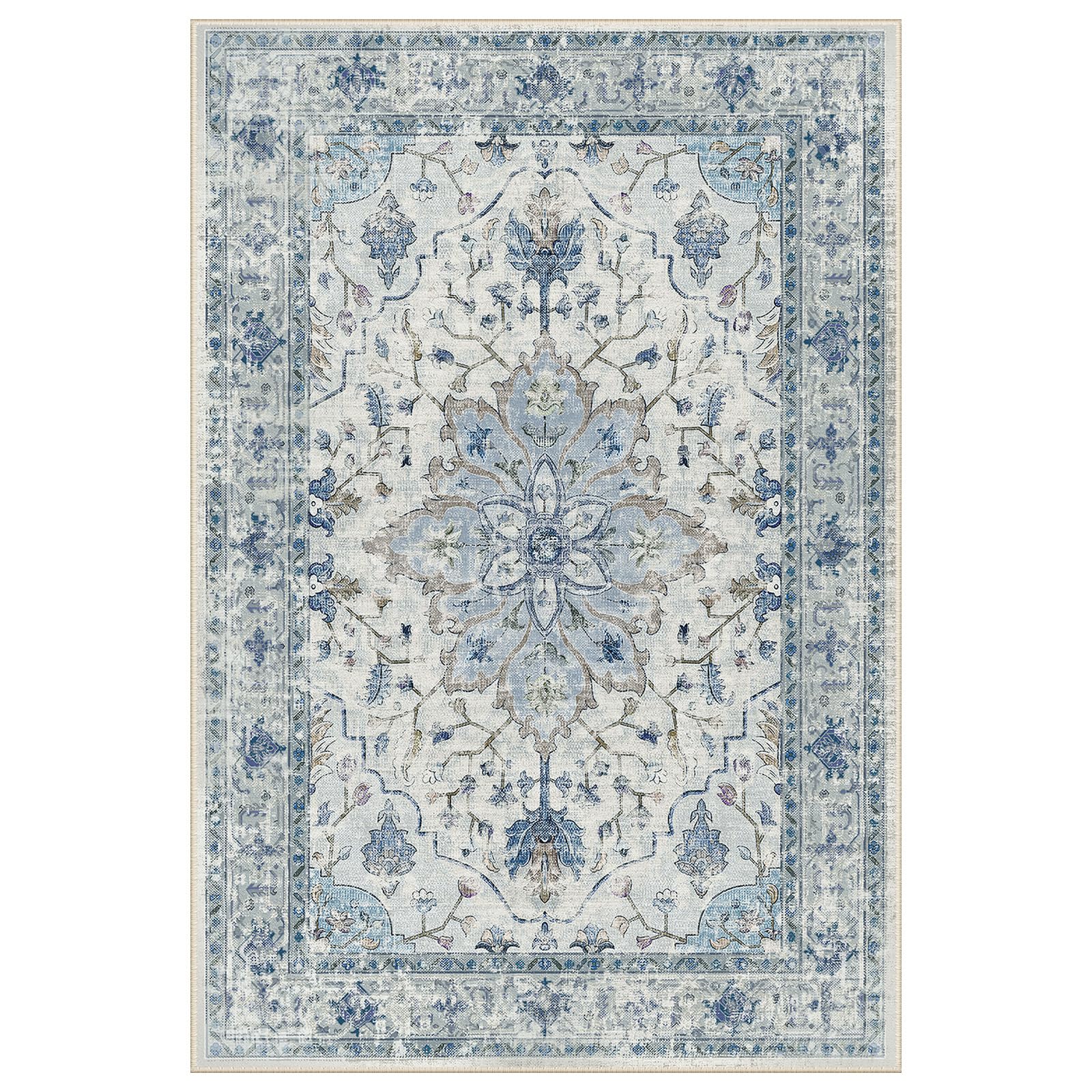 INOVADAY Machine Washable Rugs 60x90 cm Vintage Area Rug Low Pile Anti-Slip Carpet with Print Pattern for Living Room Bedroom Home Office Indoor Blue/Grey โ image 1