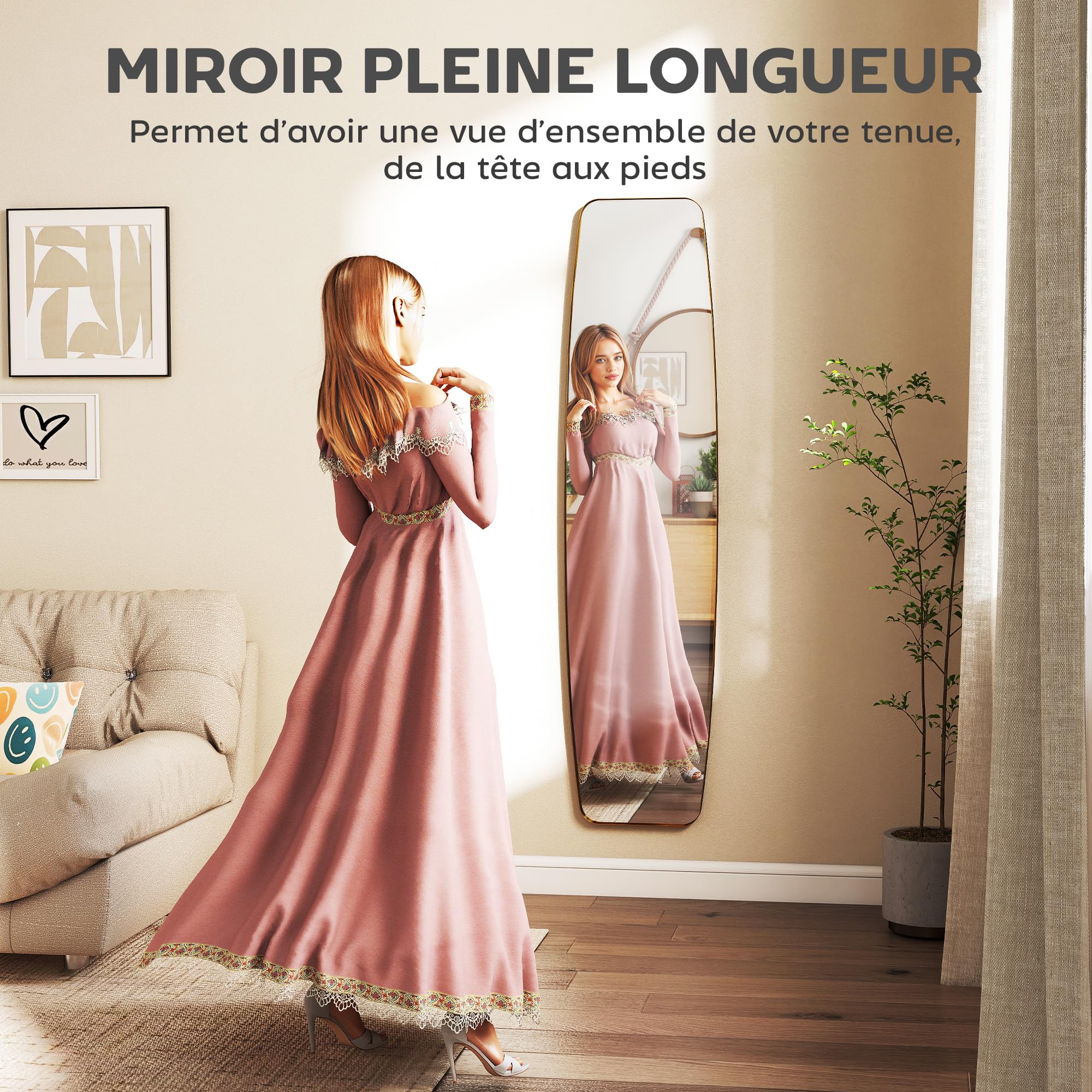 HOMCOM Grand Miroir Mural Ovale 160 x 40 cm, Miroir Suspendu Moderne, Cadre en métal et Bois, prêt à accrocher, pour Chambre, Salon, Dressing, entrée, doré