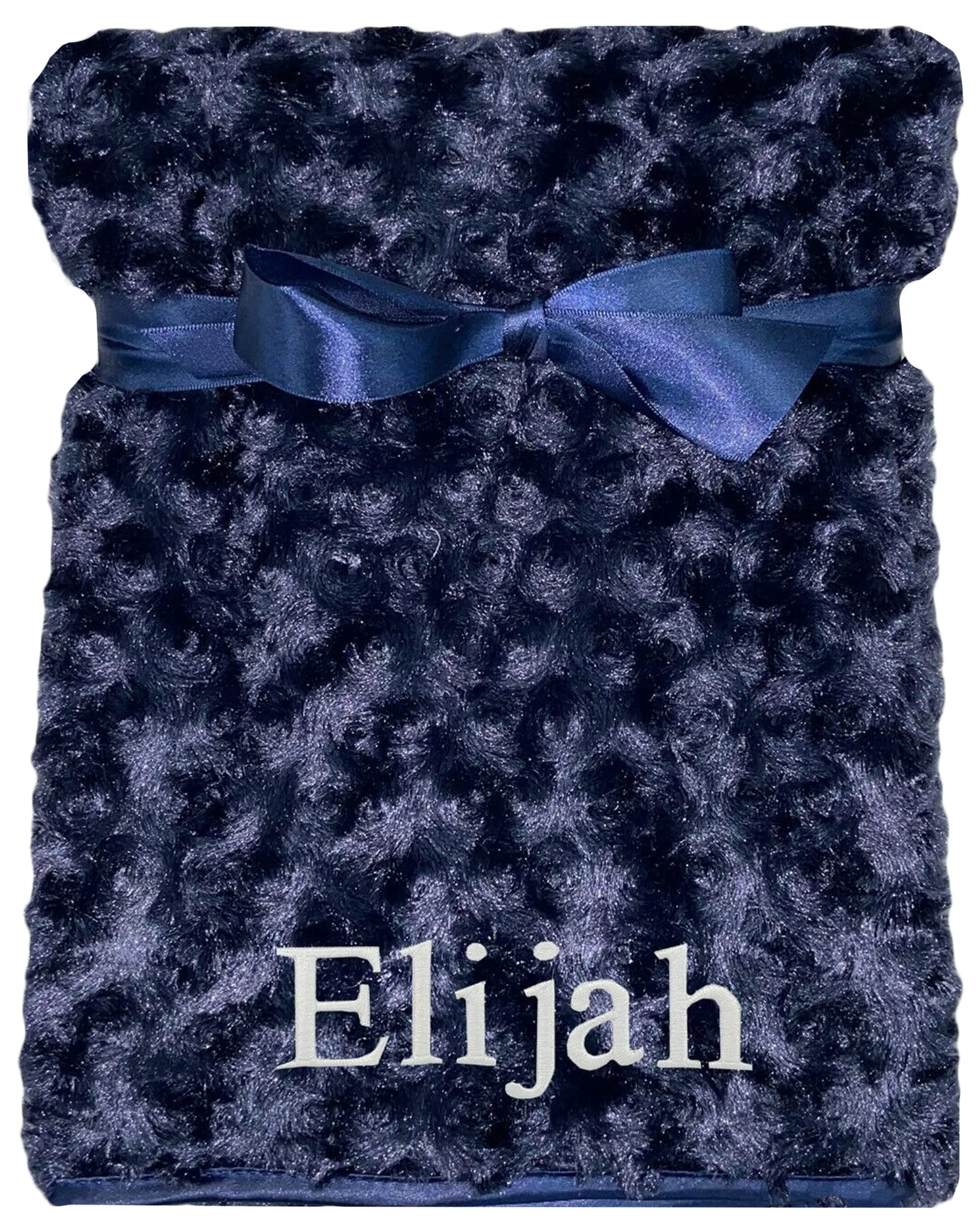 Baby Boy Girl Personalised Blanket Embroidered Name Rose (Navy Blue)