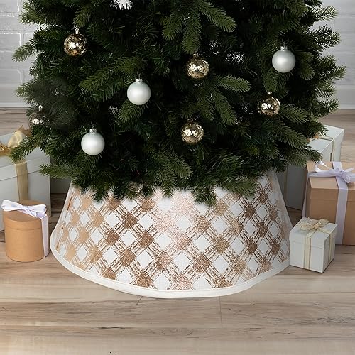 New Traditions Collar de árbol de Navidad de lino sintético con estampado dorado metálico, banda de soporte de tela de 26 pulgadas de diámetro para