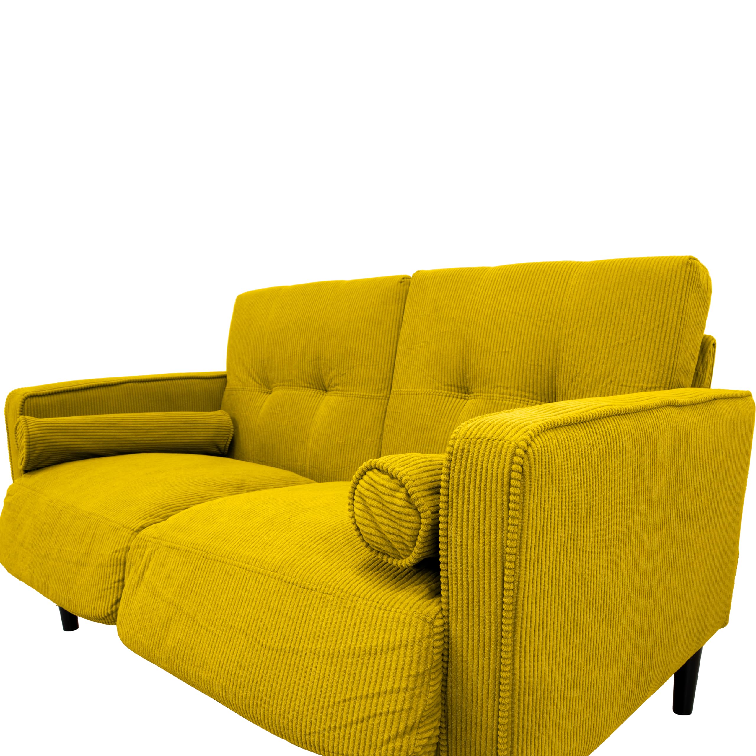 Divano fisso 2 posti Joy in velluto a coste – Struttura in legno, gambe in rubberwood, cuscini sfoderabili + 2 extra cuscini – Tessuto vellutino in poliestere – Colore Giallo Senape