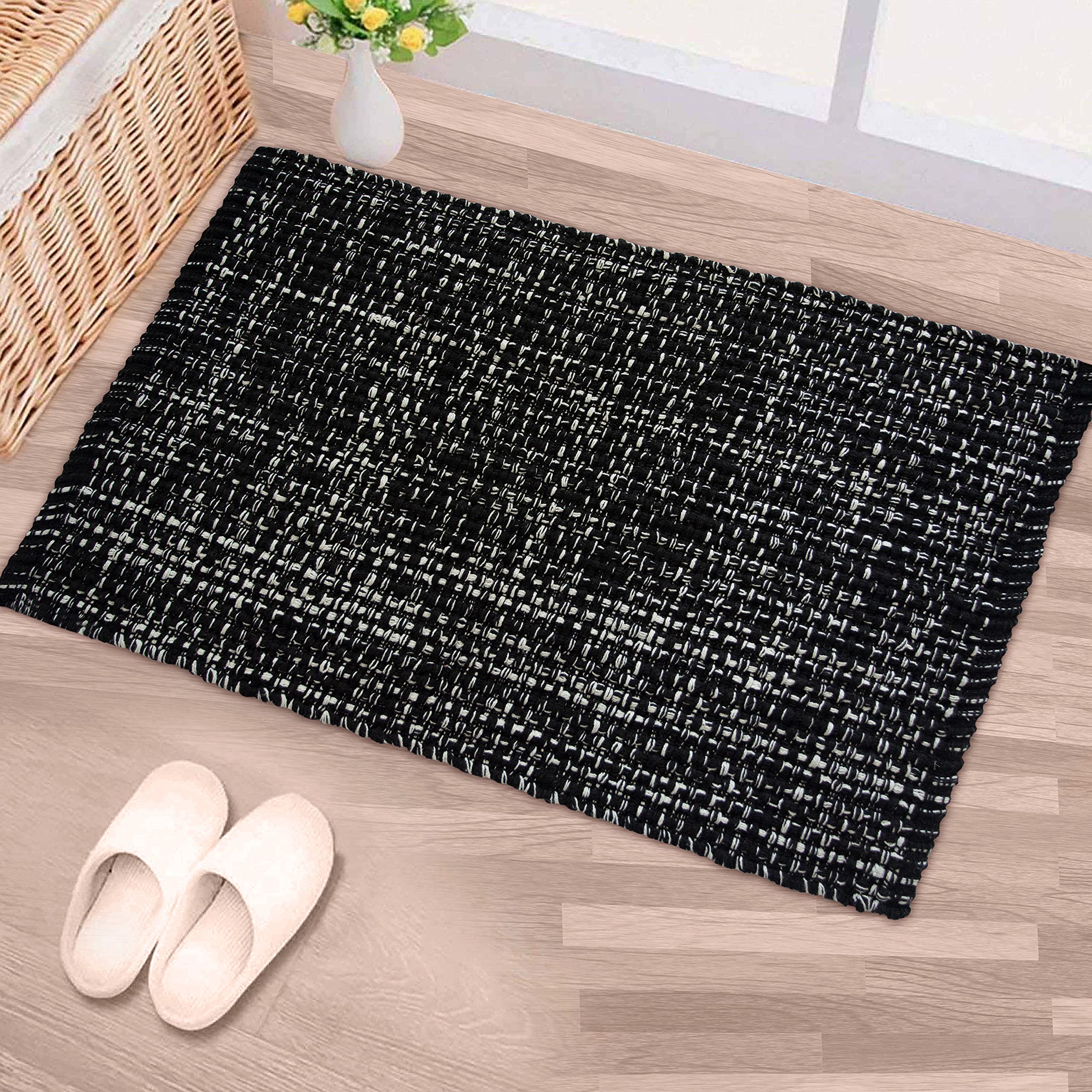 Chardin home Black and White Textured Rug | 21x34 Bathroom Rug Kitchen entryway | Reversible Handwoven Rug Machine Washable.