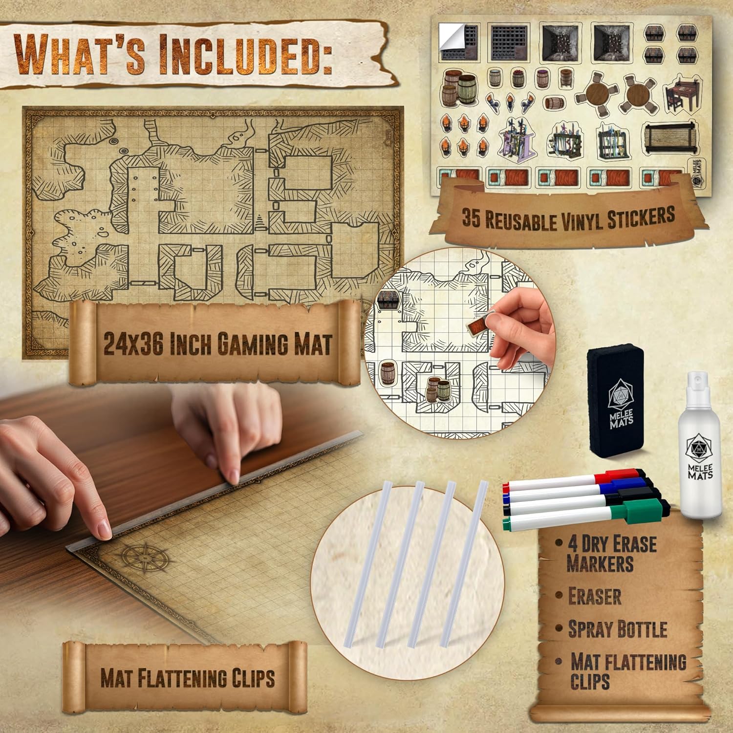 Melee Mats DND Map Starter Set - 24” x 36", Wet & Dry Erase Battle Terrain Grid for Dungeons and Dragons - Ultimate Tabletop Gaming Experience with Accessories Version 2