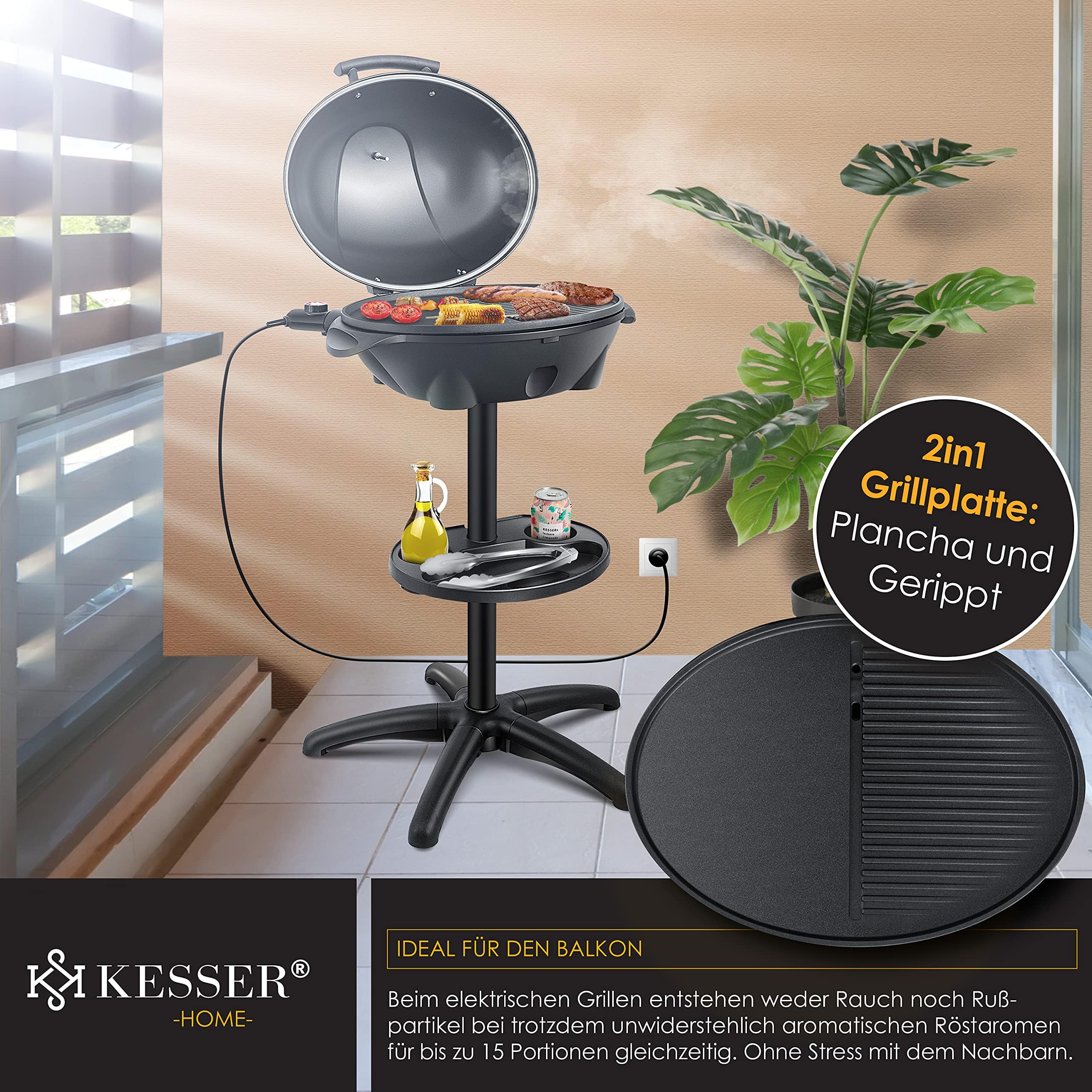 KESSER® elektrischer Elektrogrill 2in1 Tischgrill - Standgrill mit Deckel Standfuß | max. 2400 Watt Thermometer | Antihaftbeschichtung | XXL Grillplatte | integrierte Ablagefläche Elektro-Säulengrill