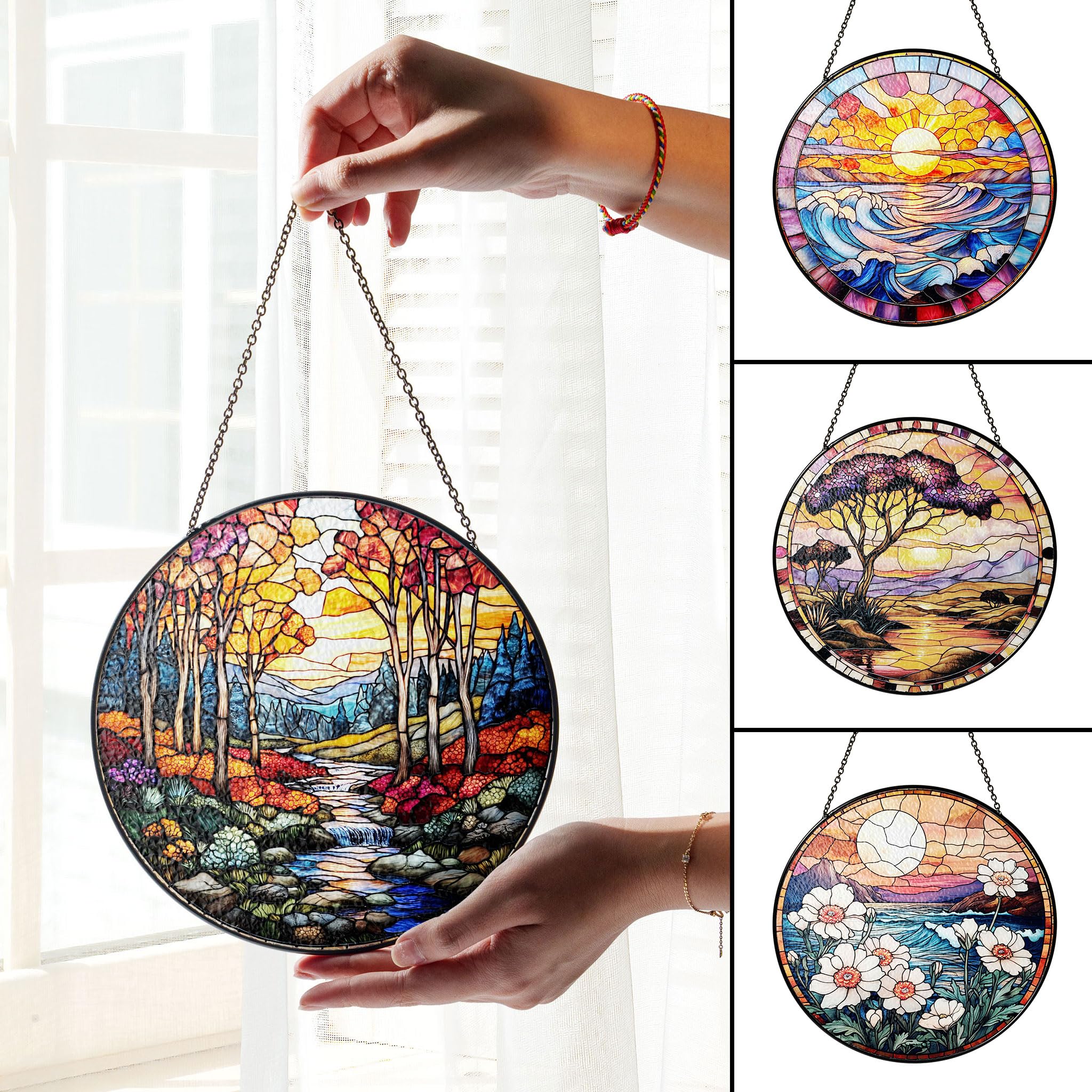 Personalized Mountain Stained Glass Suncatcher for Window Hanging, Customized Natural Landscape Mountains and Forests Glass Window Hanging Wall Decor for Bedroom Office Home Decoration (GS16)