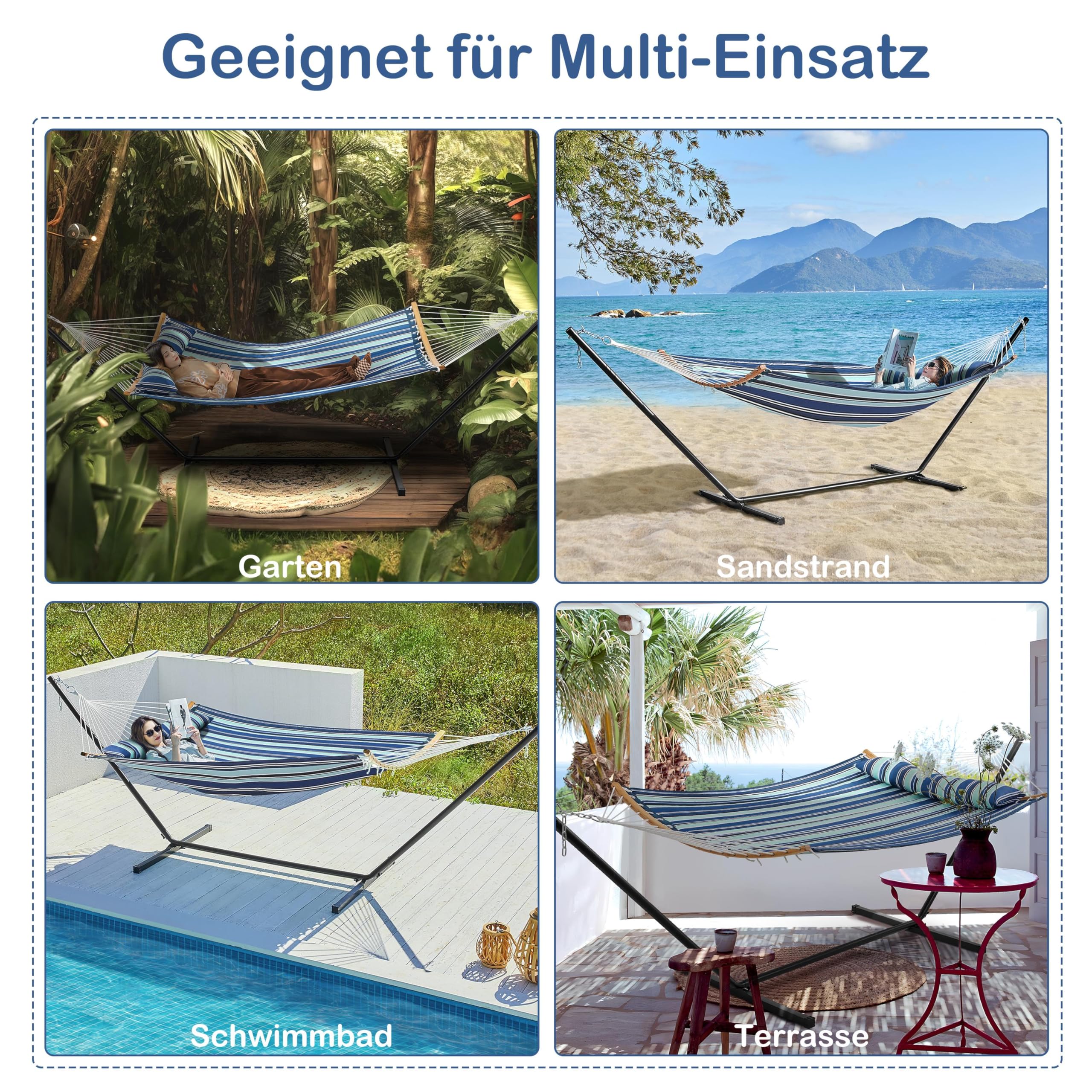 Yaheetech Hängematte mit Gestell & Kissen, XXL Doppelhängematte mit Ständer bis 216 KG Belastbar für 2-3 Personen, Höhenverstellbarer Hammock für Outdoor & Indoor, Blauer Streifen | XXL Doppelhängematte Belastbar für 2-3 Personen, Höhenverstellbarer Hammo