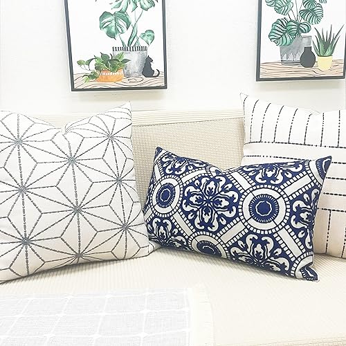 Miniatura 6 de Slow Cow Funda de cojín lumbar con bordado de lino, funda de cojín rectangular con patrón floral para sofá dormitorio, 12 x 20 pulgadas