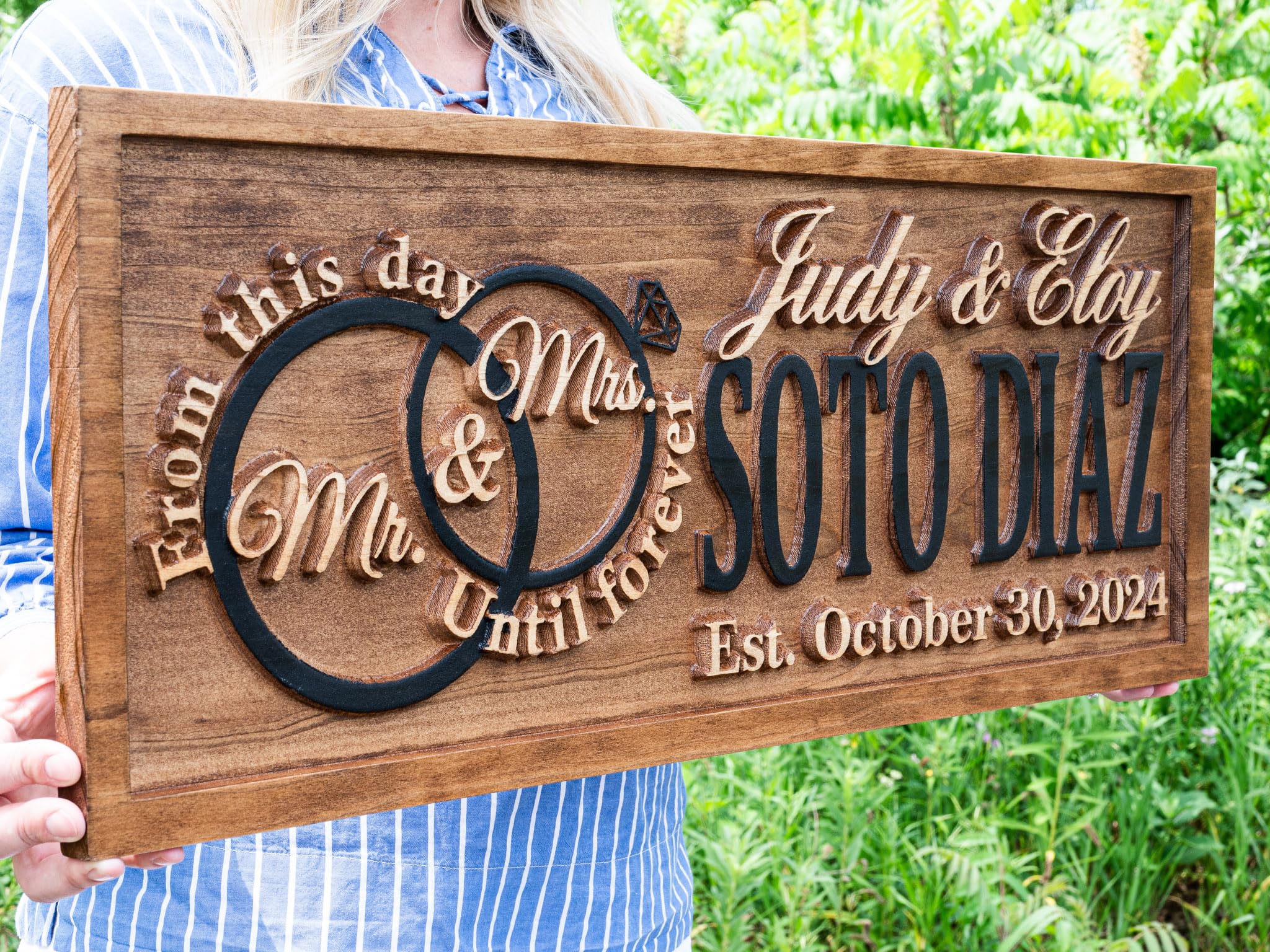 Personalised Mr & Mrs Oak Wedding Sign with