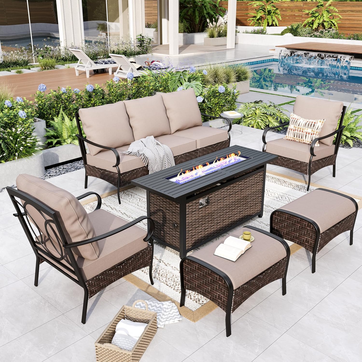 GREEN PARTY Extra Large Outdoor Patio Furniture Set with 56" Fire Pit Table 6 Pieces for 7, Modern Metal Patio Conversation Sets with High Back 3-Seat Sofa, 2 Fixed Chairs, 2 Ottoman, 1 Pit Table