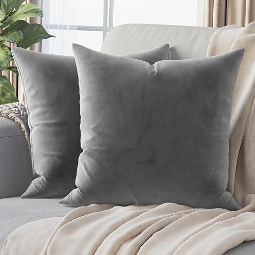 NEATERIZE Juego de 2 fundas de almohada de terciopelo de alta calidad de 18 x 18 pulgadas, color gris, fundas de almohada de tela decorativa lavable