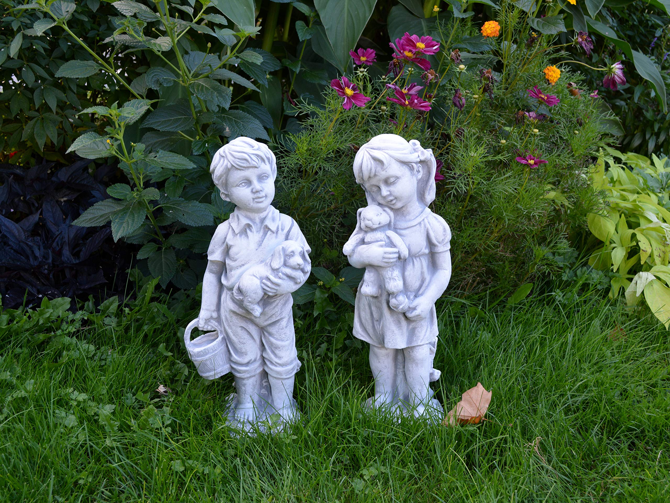 gartendekoparadies.de Set Ragazzo e Bambina Figura Pietra H 42/43 cm 12 kg Grigio Resistente al Ghiaccio per Esterni