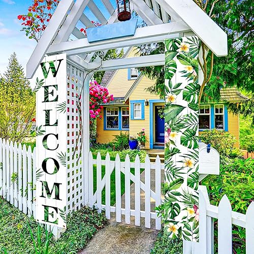 Miniatura 4 de Rumia Tropical Luau - Cartel de bienvenida con diseño de hojas verdes, poliéster, resistente a desgarros, montaje en poste, decoraciones al aire