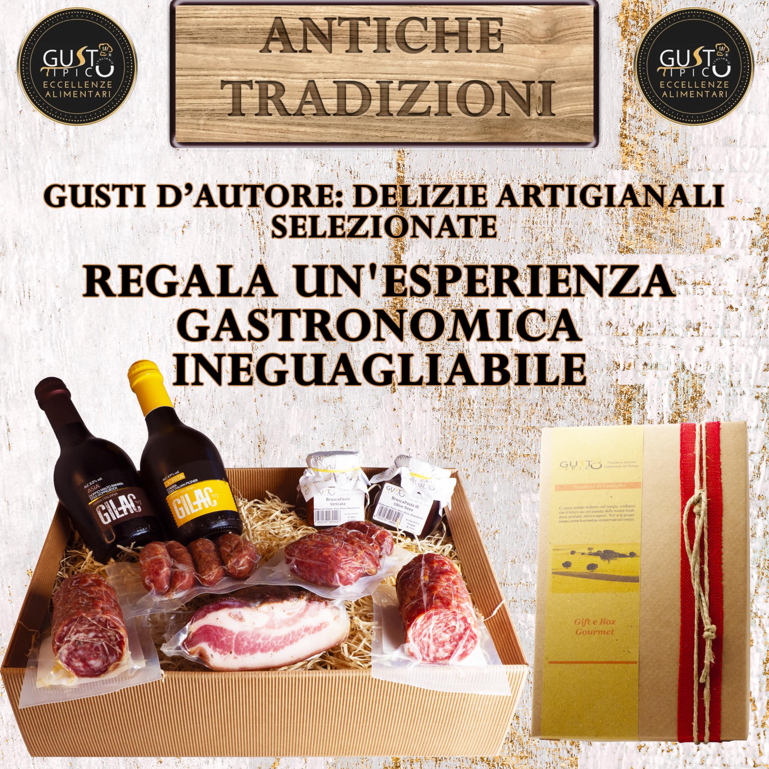 GUSTO TIPICO ITALIANO Cesta Natale 2024 | Cesto Gastronomico Natalizio Salumi Italiani Artigianali con Guanciale, Salame Toscano di Maiale e Cinghiale, Birra Gilac, Salsicce, Bruscapasta