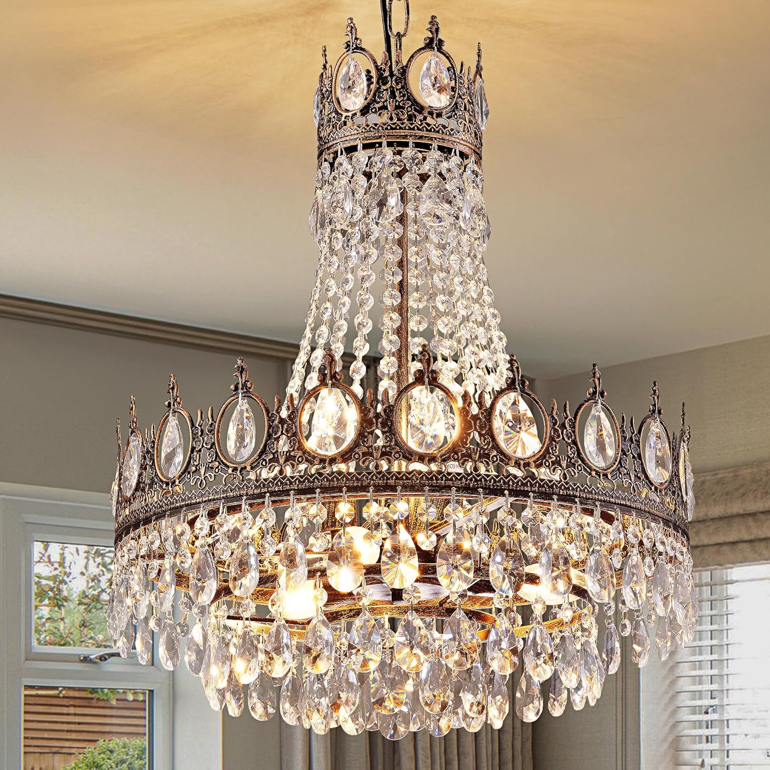 TOCHIC French Empire Crystal Chandelier 6-Light Farmhouse Antique Bronze Chandelier Vintage Rustic Ceiling Light Fixture for Dining Living Room, Bedroom, Kitchen Island, Bathroom, Foyer, 19" W