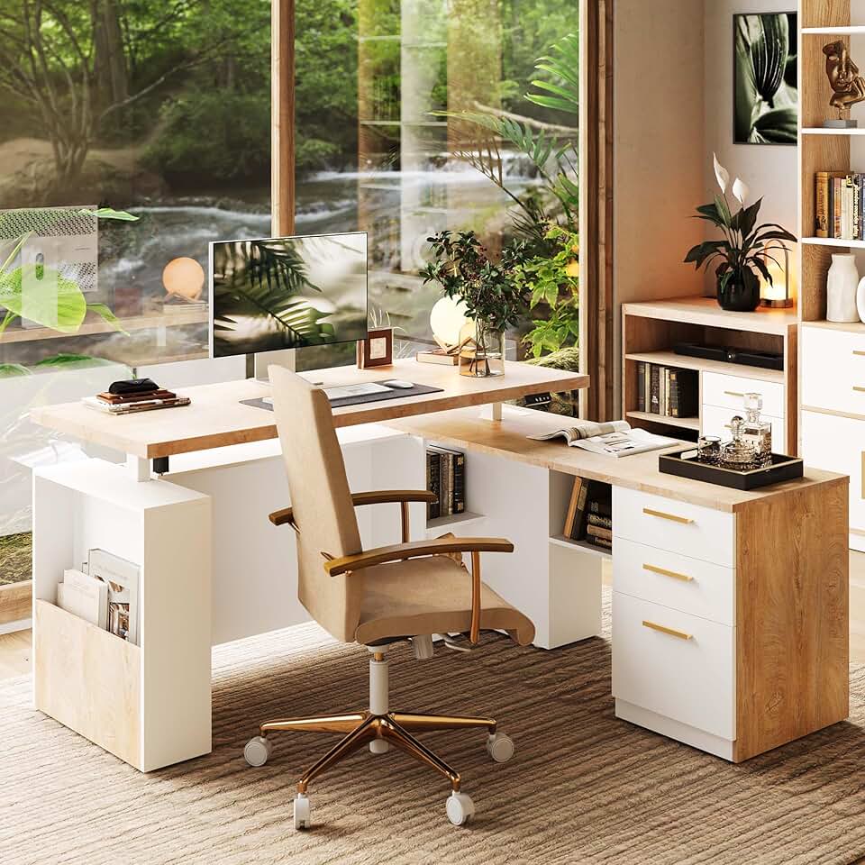 ModernMate 63 inch L-Shaped Electric Standing Desk in Light Walnut