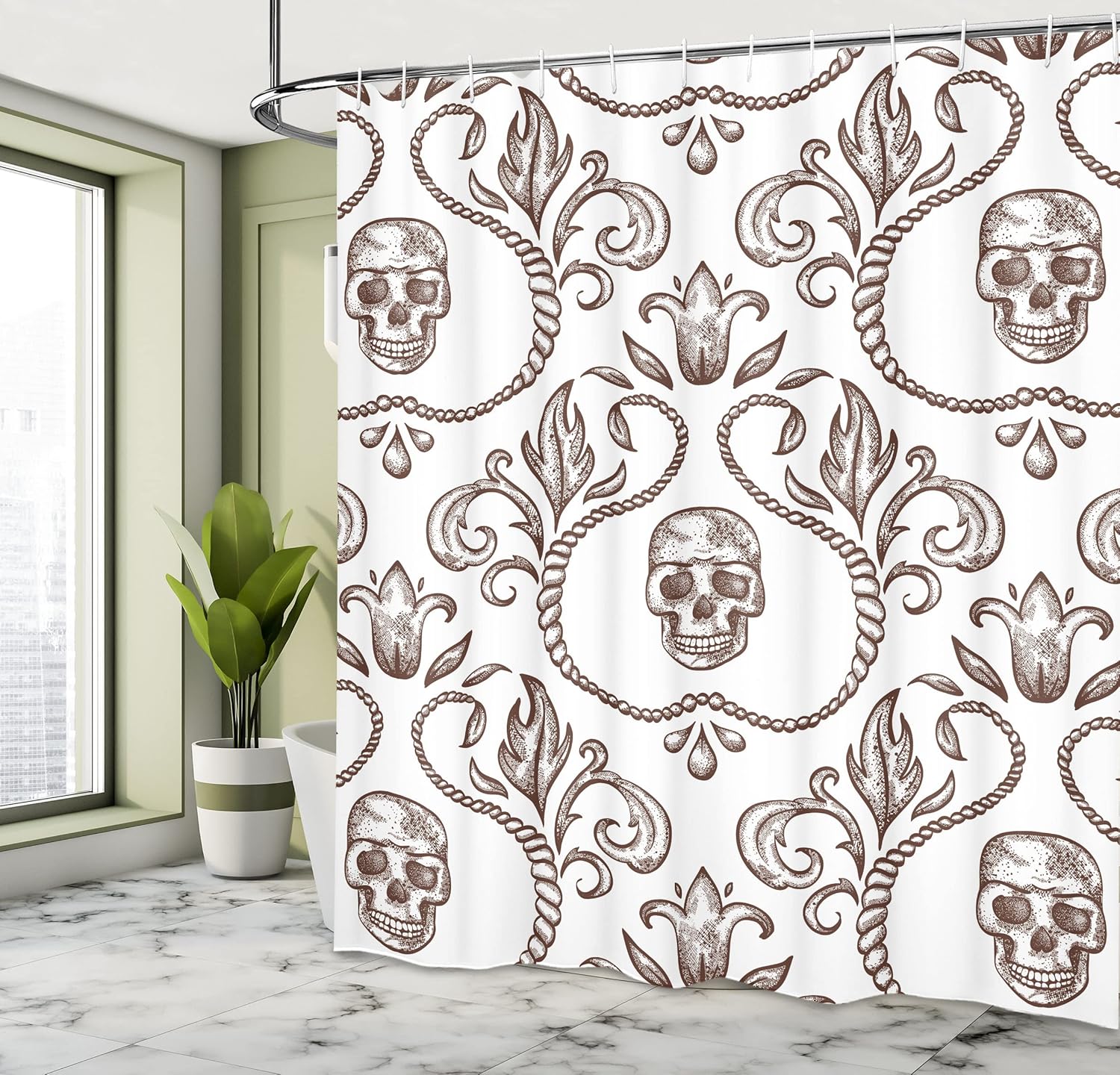 Ambesonne Gothic Shower Curtain, Ornament Skull Goth Skeleton Floral Motifs in Baroque Style Illustration, Cloth Fabric Bathroom Decor Set with Hooks, 69" W x 70" L, Umber White