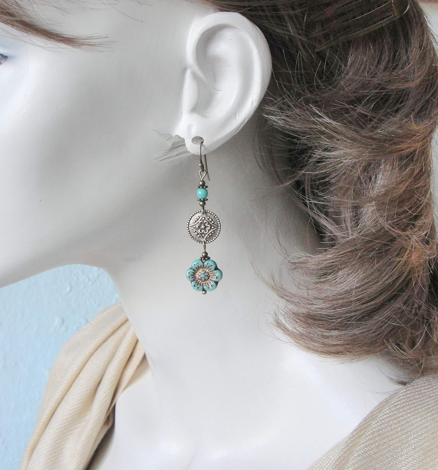 Boho Blue Wild Rose Flower Earrings in Antiqued Brass