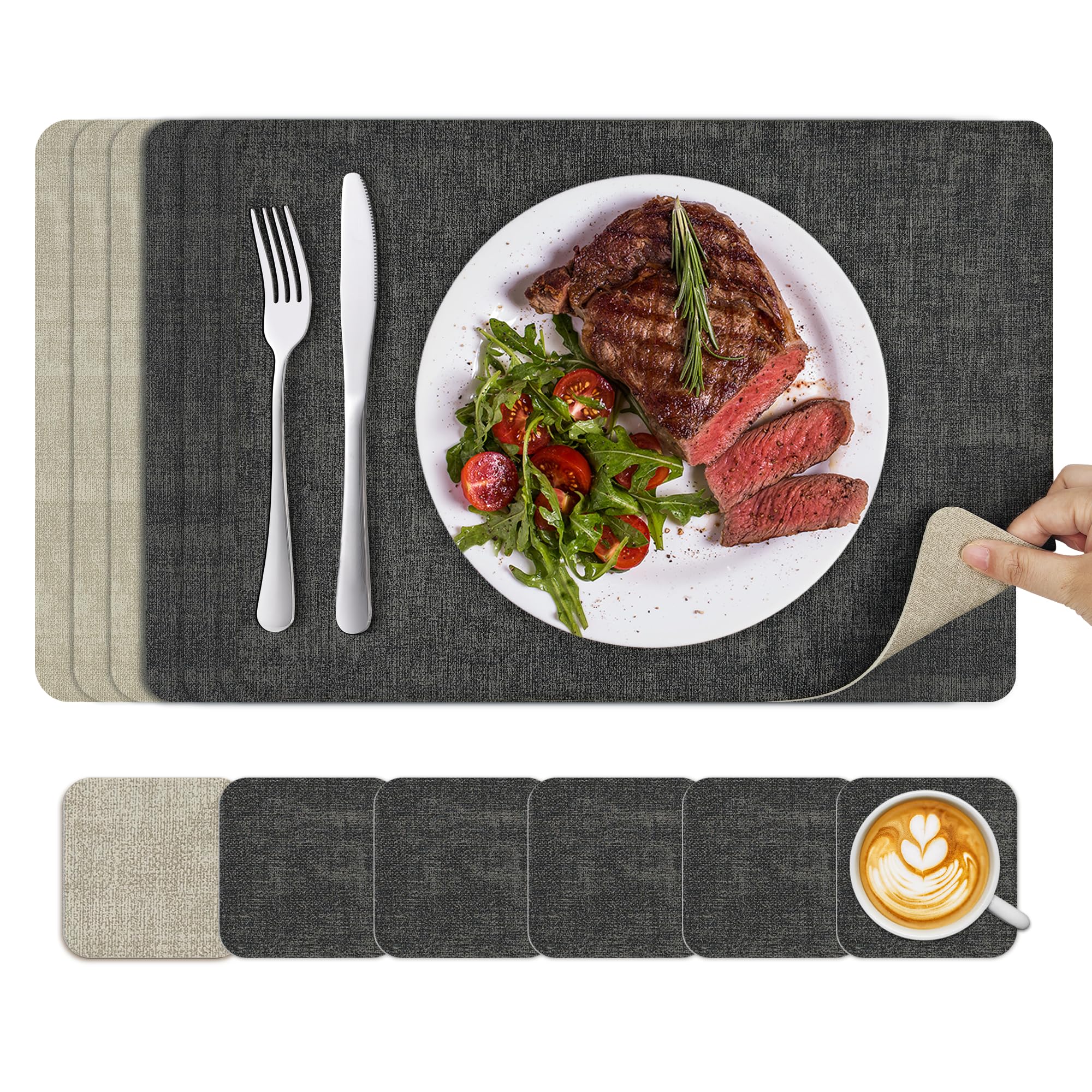 KitchenBoss Place Mats Washable Placemats Washable Placemats and Coasters Set of 6 Heat Resistant Place Mats Non-Slip Double-Sided Place Mats 43 x 30 cm, 10 x 10 cm ⟮Beige-Dark Grey⟯