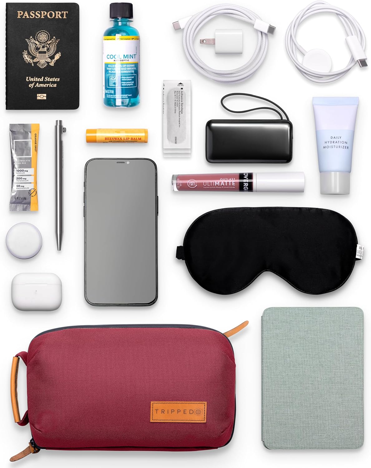 Tech Bag Organizer - Small Electronics Organizer Pouch for Travel - Premium Travel Case with Leather Accents - Mesh Pocket for Cables, Cords and Chargers (Red)