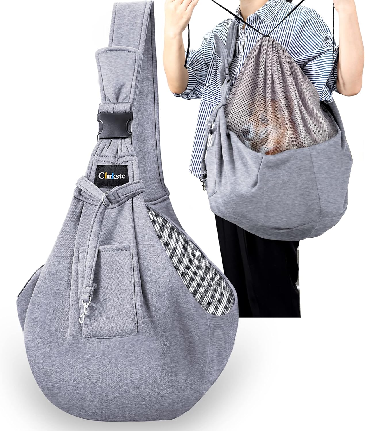 CHMKSTC 最新型 ペットスリング ペット バッグ 抱っこ紐 犬猫兼用 小型犬 キャリーバッグ メッシュネット 飛び出し防止用ストラップ付 安全ロープ付き 調節可能 ポケット付き 斜めショルダーバッグ お出かけ抱っこ 13キロまで対応 (グレー)