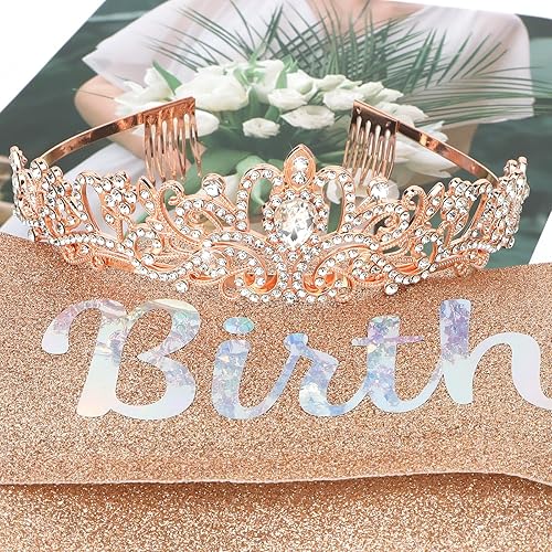 Miniatura 2 de Corona de cumpleaños para mujer, juego de banda y tiara de diamantes de imitación, banda de cumpleaños de princesa y tiara para mujer, decoración de