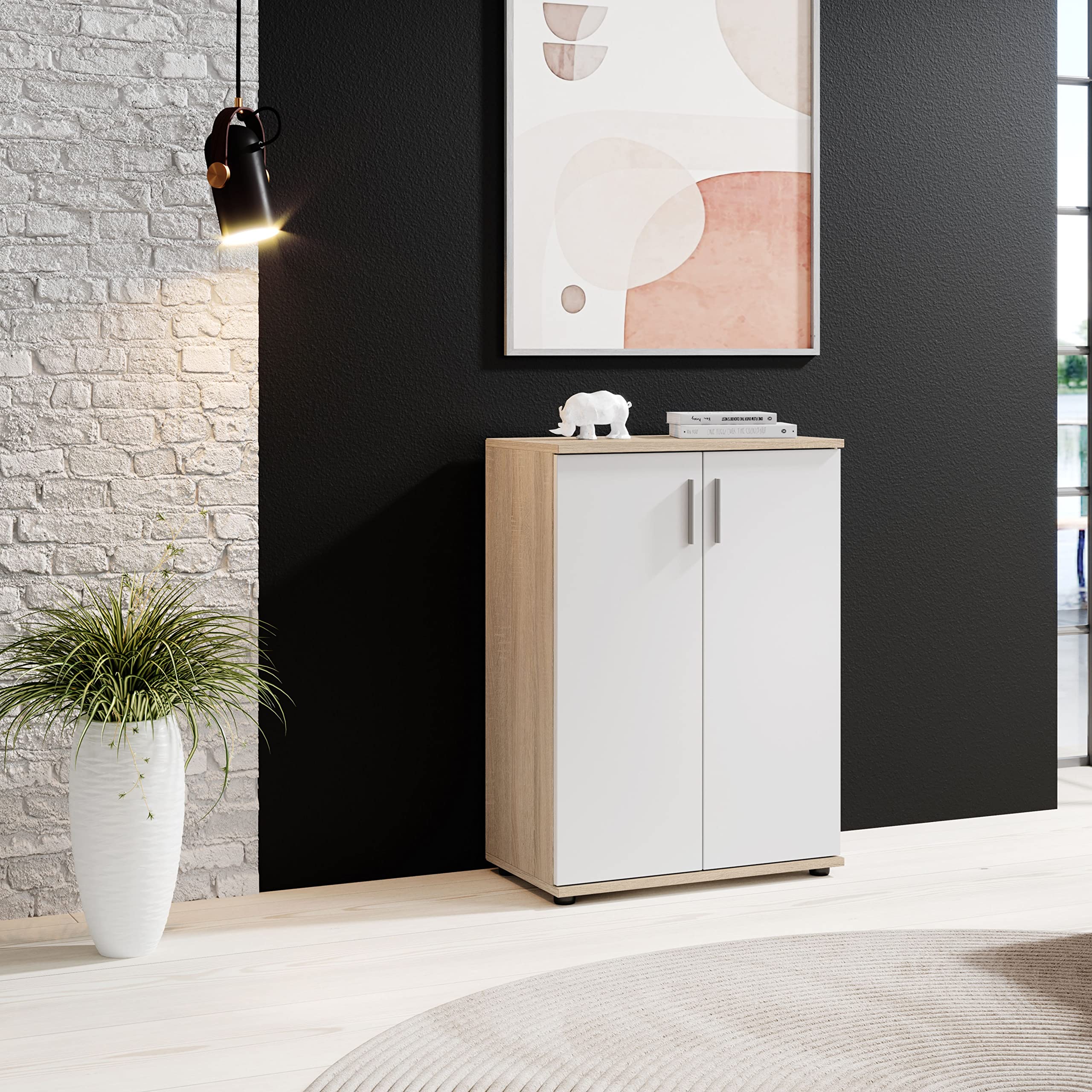 Stella Trading BOBBY, Cassettiera, effetto rovere Sonoma, bianco, credenza elegante con ampio spazio disponibile per la zona giorno; 60 x 82 x 35 cm, L x A x P
