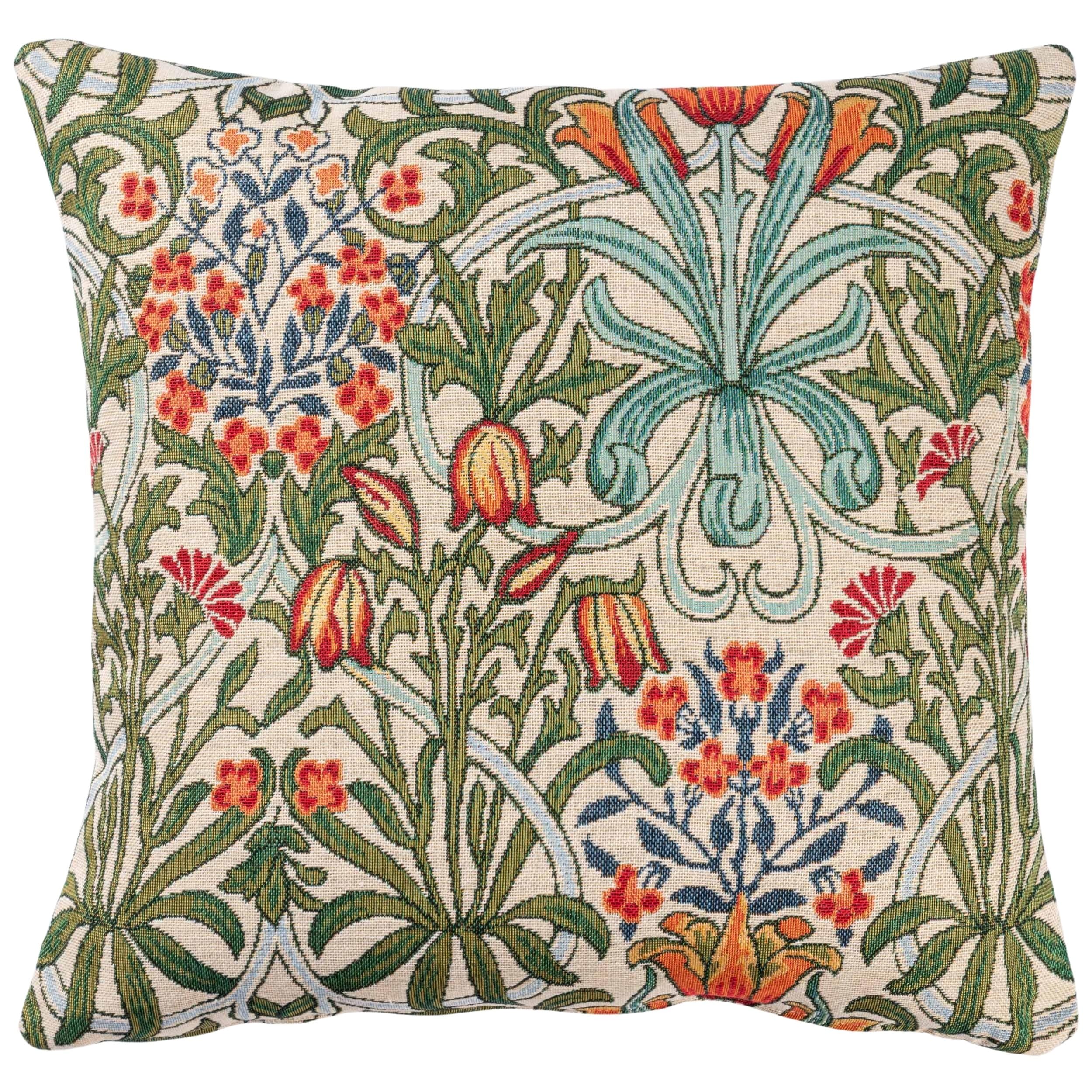 Linen Loft Green William Morris Woodland Weeds Tapestry Cushion. Millefleur Floral Emblems And Botanical Design. 17X17 Square Cushion Cover