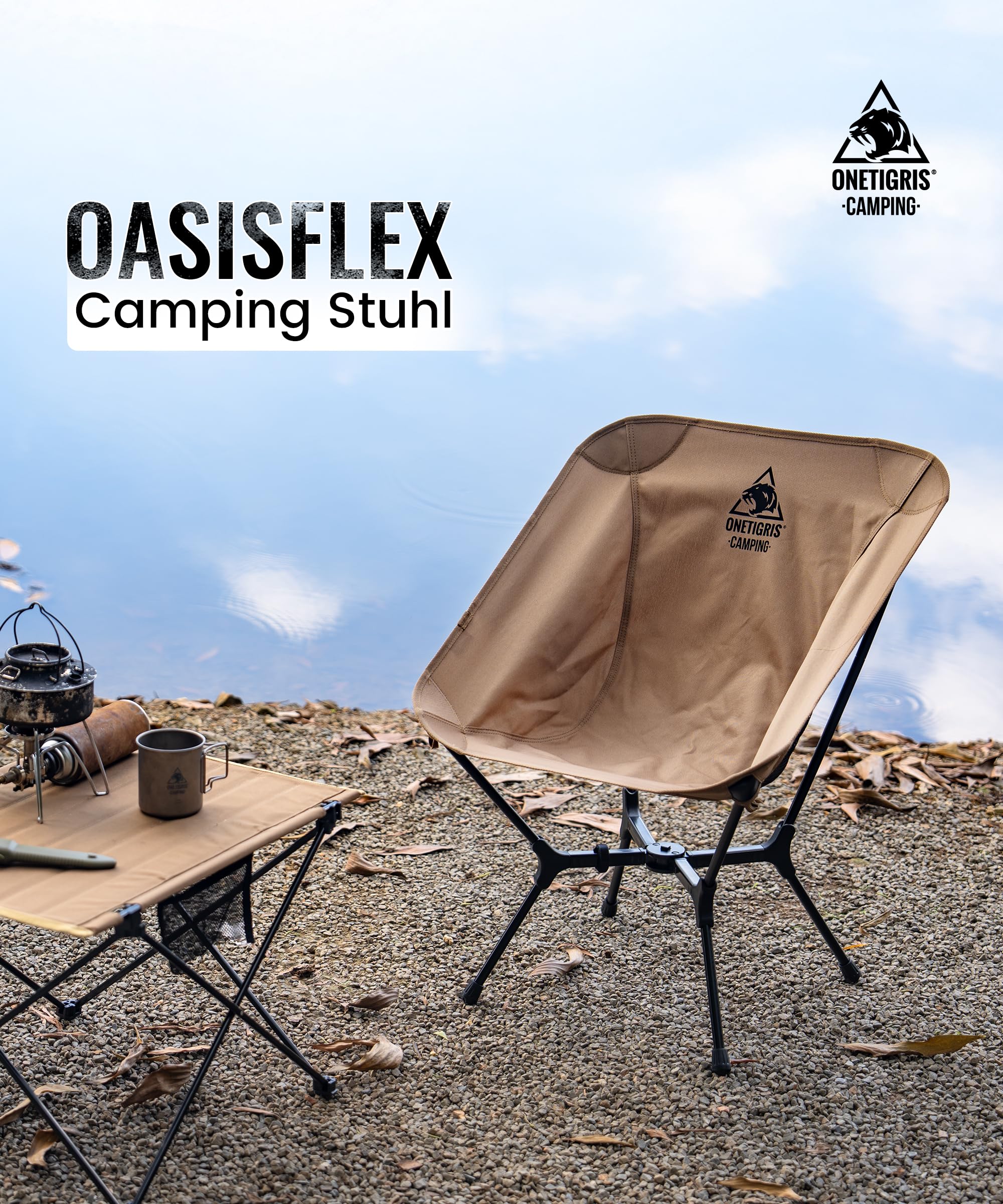 OneTigris OASISFLEX Campingstuhl faltbar 150 kg, Klappstuhl Camping leicht integrierter Kreuzrahmen, Faltstuhl Ultraleicht, mit 2 Seitentaschen für Outdoor, Wandern