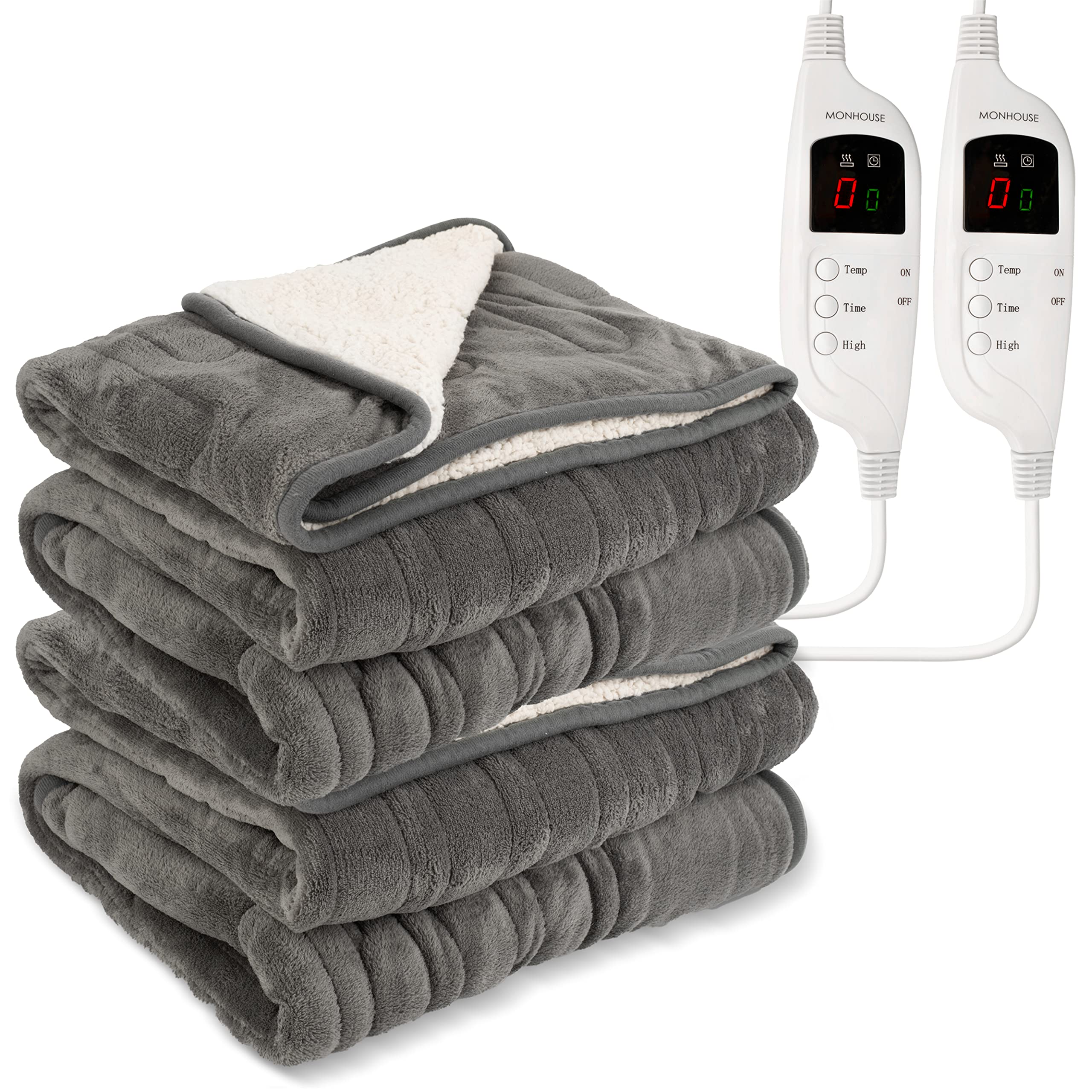 MONHOUSE Heated Throw - Pack Of 2 Electric Blankets - Digital Controller - Timer up to 9 hours, 9 Heat Settings, Auto Shutoff - Machine Washable - Single 130X160cm -GREY SHEARLING