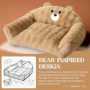 LE SURE Cute Dog Couch Bed, Small Dog Couch with Fluffy Original Bear Design, Cat Couch Bed with Removable Washable Cover, Puppy Bed for Small Pets, 28 inch, Brown