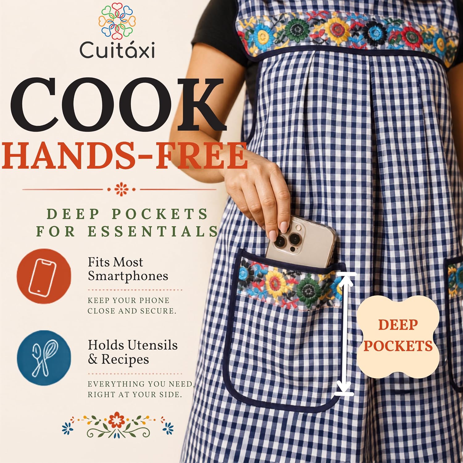Cuitáxi Traditional Mexican apron for women with deep pockets and beautiful flower embroidery 1 piece - Mandiles para mujer