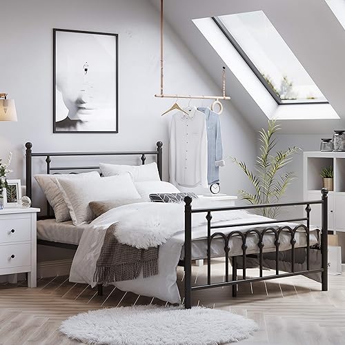 Miniatura 2 de VASAGLE Base de cama de metal de tamaño matrimonial con cabecera, estribo, no necesita somier, cama de plataforma, almacenamiento debajo de la cama,