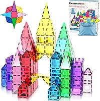 PicassoTiles PC61 61pc Magnetic Tiles Building Blocks with Car Base & Drawstring Bag - STEM Educational Toy for Kids 3+