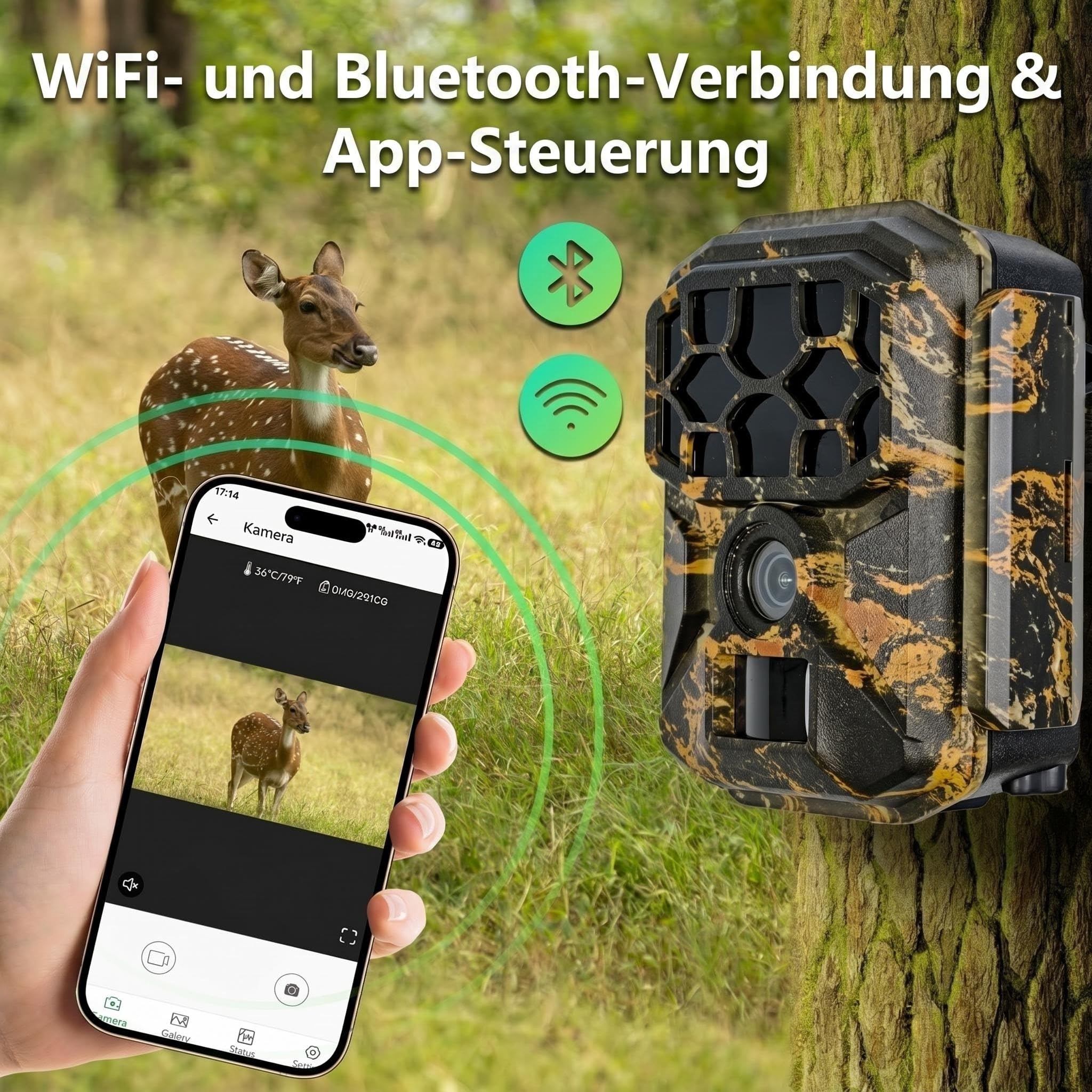 8KB Wildkamera mit WLAN & App Handyübertragung, 5K UHD 64MP Wildtierkamera, Eingebauter 7800mAh Akku wiederaufladbar + Solarpanel, 64GB SD-Karte, Infrarot-Nachtsicht, Bewegungsmelder, IP66 wasserdicht