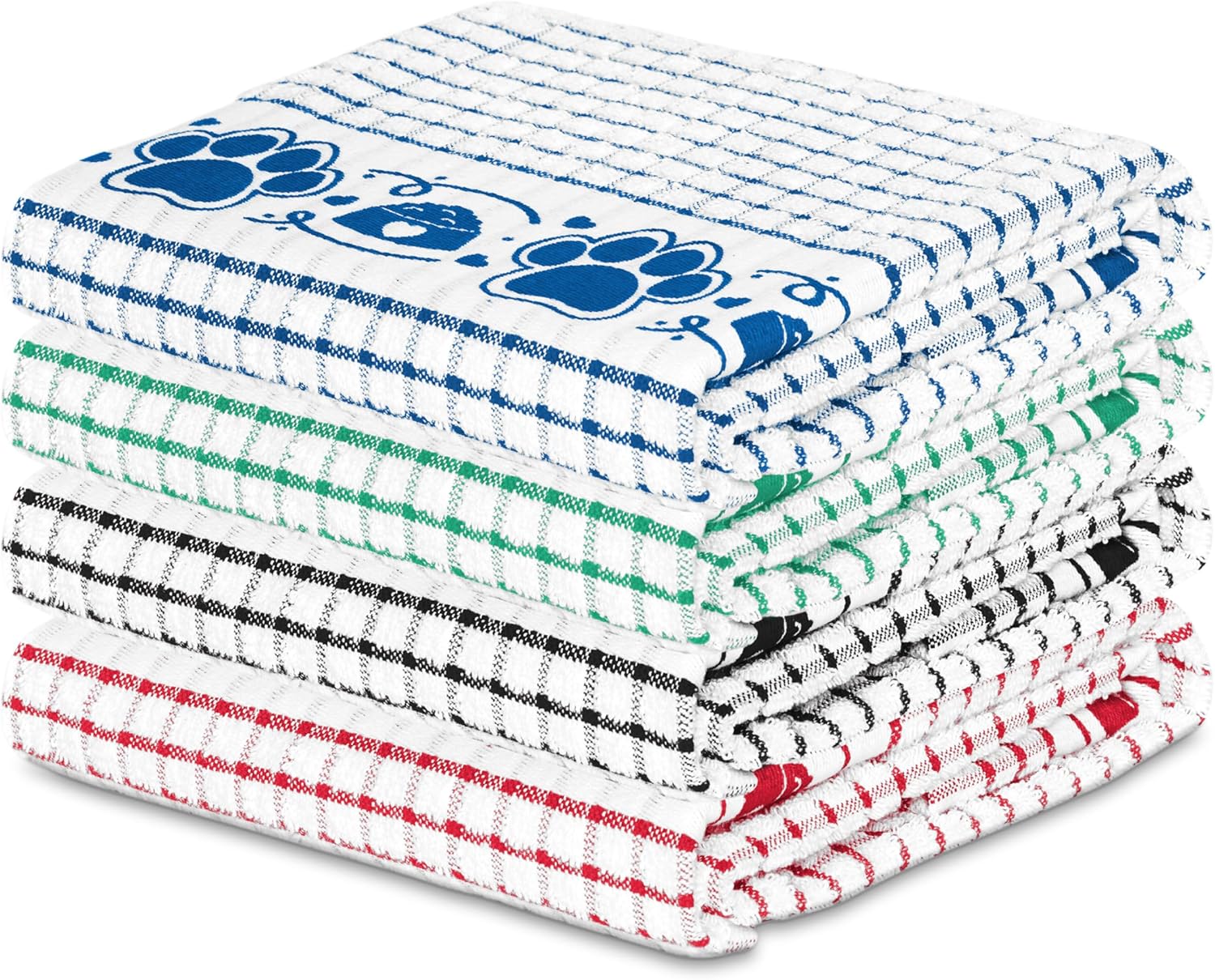 Cackleberry Home Paw Prints Terrycloth Kitchen Towels with Hanging Loop – Windowpane Check Fabric, Set of 4 (Assorted)