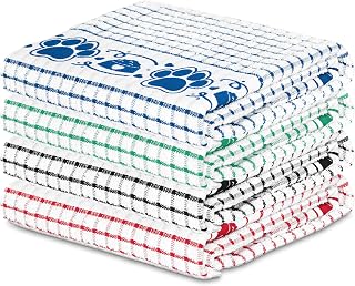 Paw Prints Terrycloth Kitchen Towels with Hanging Loop – Windowpane Check Fabric, Set of 4 (Assorted)