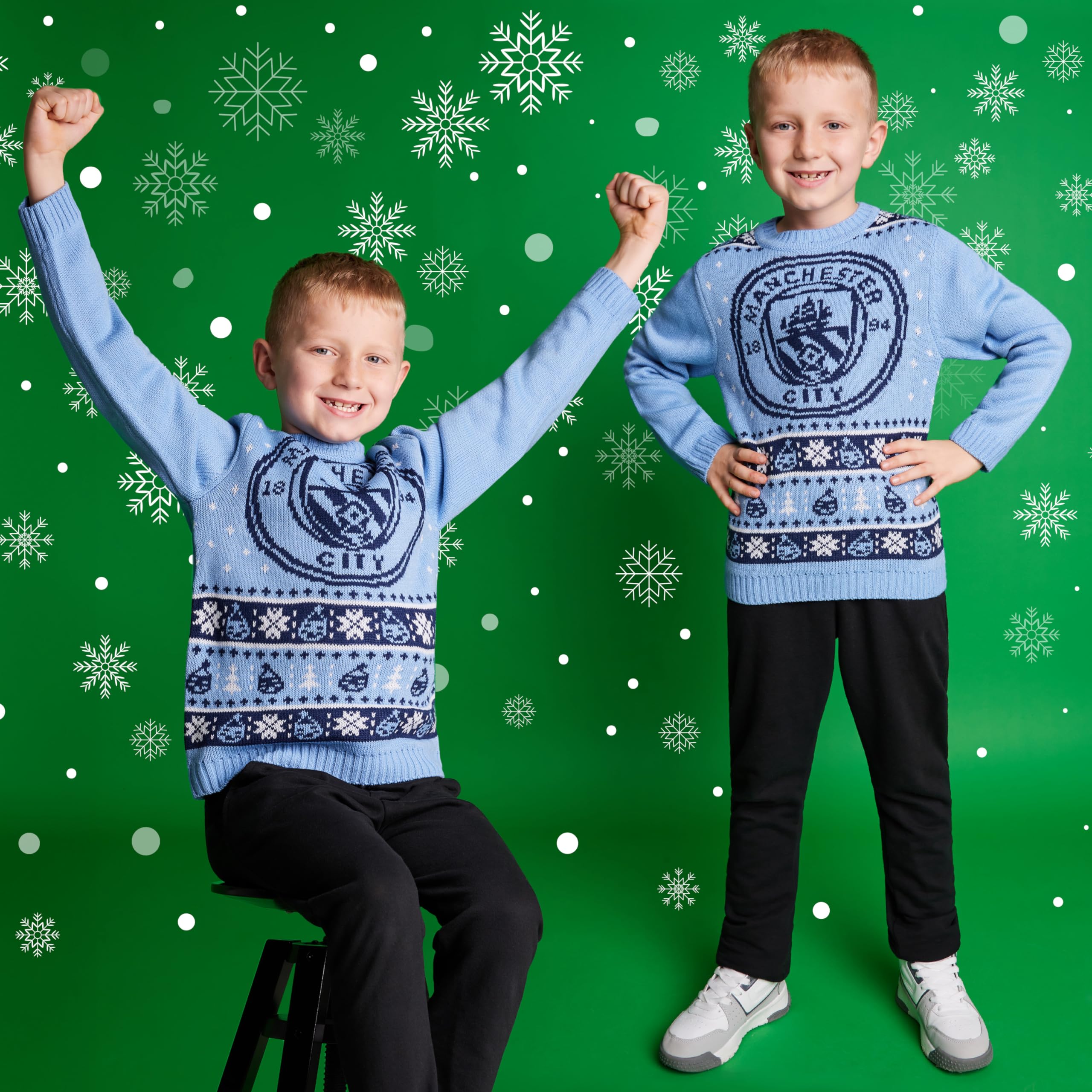 MANCHESTER CITY Sweter świąteczny dla dzieci, nastolatków, ciepły, przytulny, piłkarski, świąteczny sweter 7-14 lat - prezenty Man City dla chłopców (niebieski, 7-8 lat)